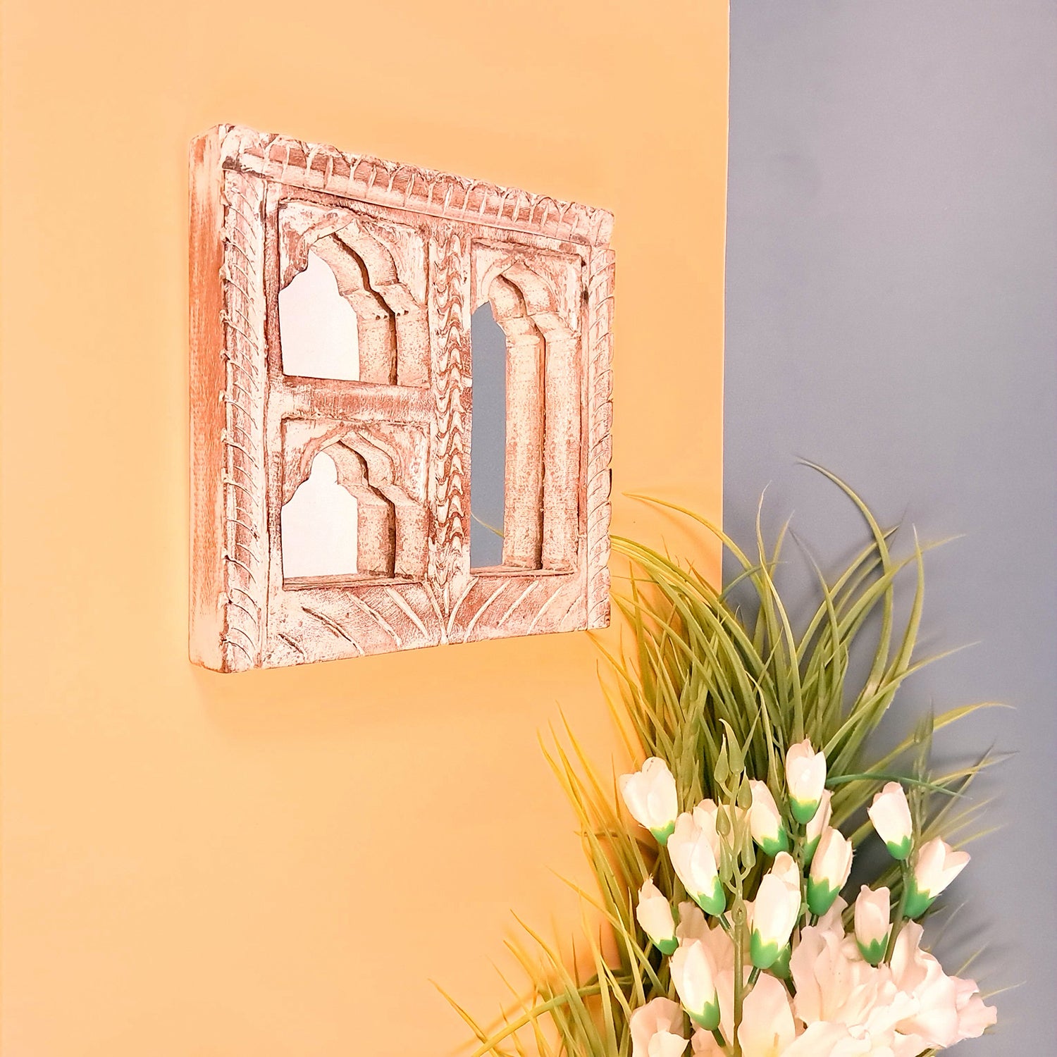 Wooden Jharokha Frame With Mirror Wall Hanging | Antique Finished Handcrafted Rustic Mirror Jharokha - Home, Wall Decor, Living room, Entrance Decoration & Gifts - 8 Inch - Apkamart #Color_White