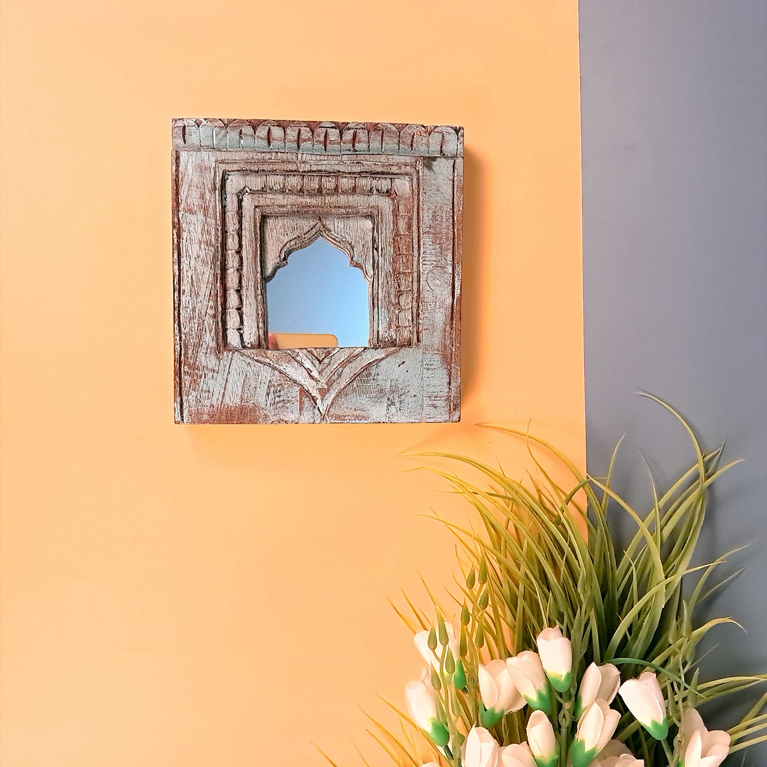 Wooden Jharokha Frame With Mirror Wall Hanging | Antique Finished Handcrafted Rustic Mirror Jharokha - Home, Wall Decor, Living room, Entrance Decoration & Gifts - 8 Inch - Apkamart #Color_Blue