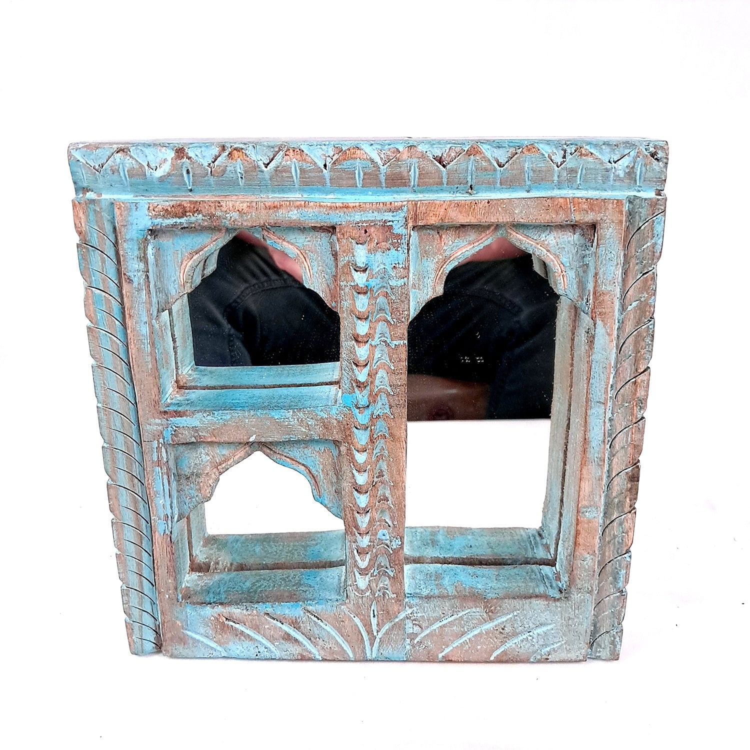 Wooden Jharokha Frame With Mirror Wall Hanging | Antique Finished Handcrafted Rustic Mirror Jharokha - Home, Wall Decor, Living room, Entrance Decoration & Gifts - 8 Inch - Apkamart #Color_Blue