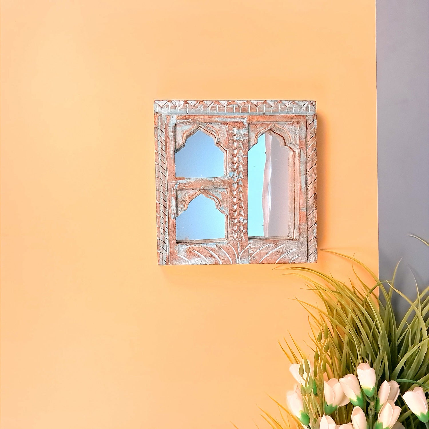 Wooden Jharokha Frame With Mirror Wall Hanging | Antique Finished Handcrafted Rustic Mirror Jharokha - Home, Wall Decor, Living room, Entrance Decoration & Gifts - 8 Inch - Apkamart #Color_Blue