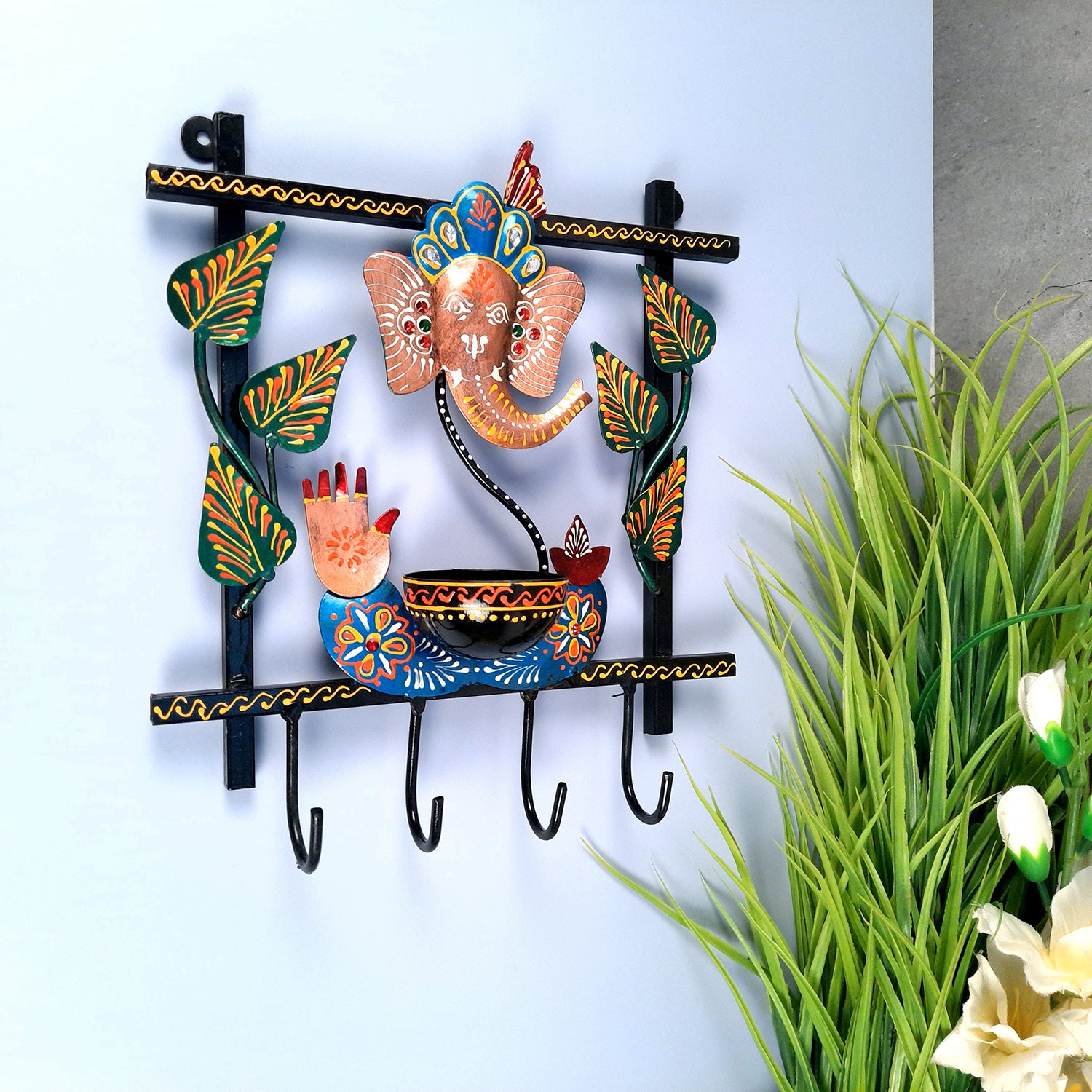 Key Holder Stands | Decorative Keys Hook Wall Hangers - Ganesh Design | Keys Organizer - for Home, Entrance, Office Decor & Gifts - 11 Inch (4 Hooks) - apkamart