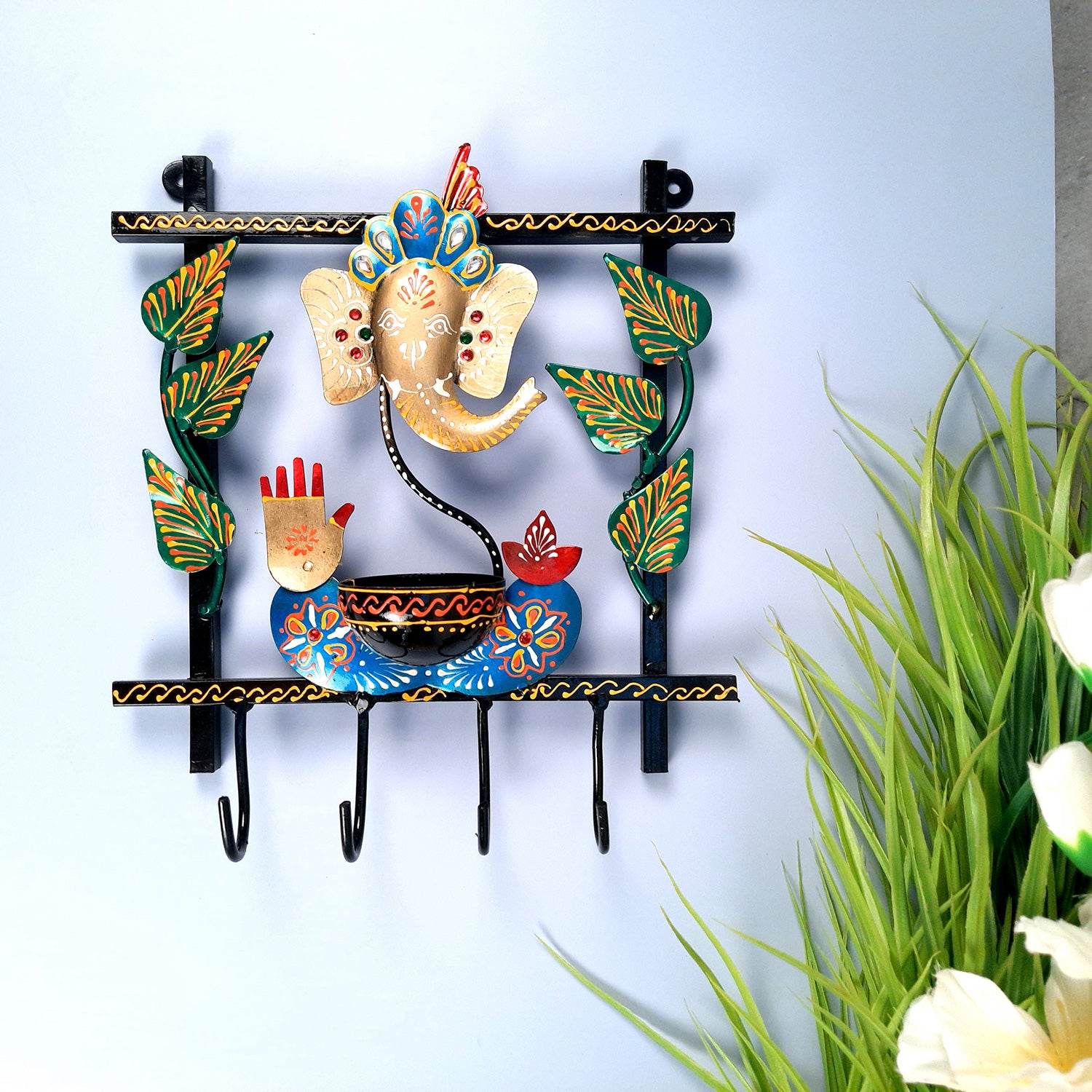 Key Holder Stands | Decorative Keys Hook Wall Hangers - Ganesh Design | Keys Organizer - for Home, Entrance, Office Decor & Gifts - 11 Inch (4 Hooks) - apkamart