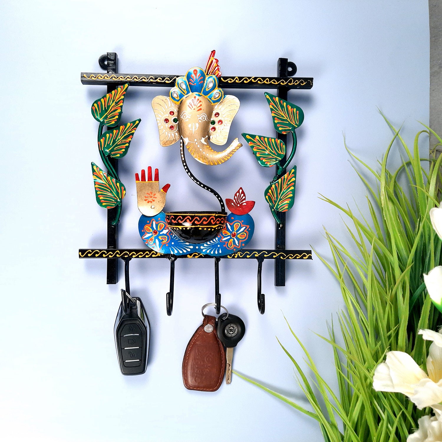 Key Holder Stands | Decorative Keys Hook Wall Hangers - Ganesh Design | Keys Organizer - for Home, Entrance, Office Decor & Gifts - 11 Inch (4 Hooks) - apkamart