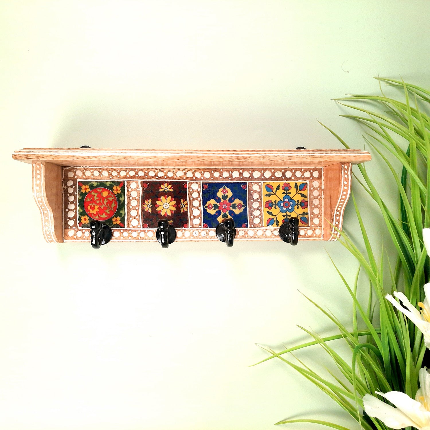 Key Hooks With Wall Shelf | Key Holder Stand With Ceramic Tile Design | Floating Shelves Cum Key Hanger Organiser - For Home, Entrance, Office Decor & Gifts - 12 Inch (4 Hooks) - Apkamart #color_light brown