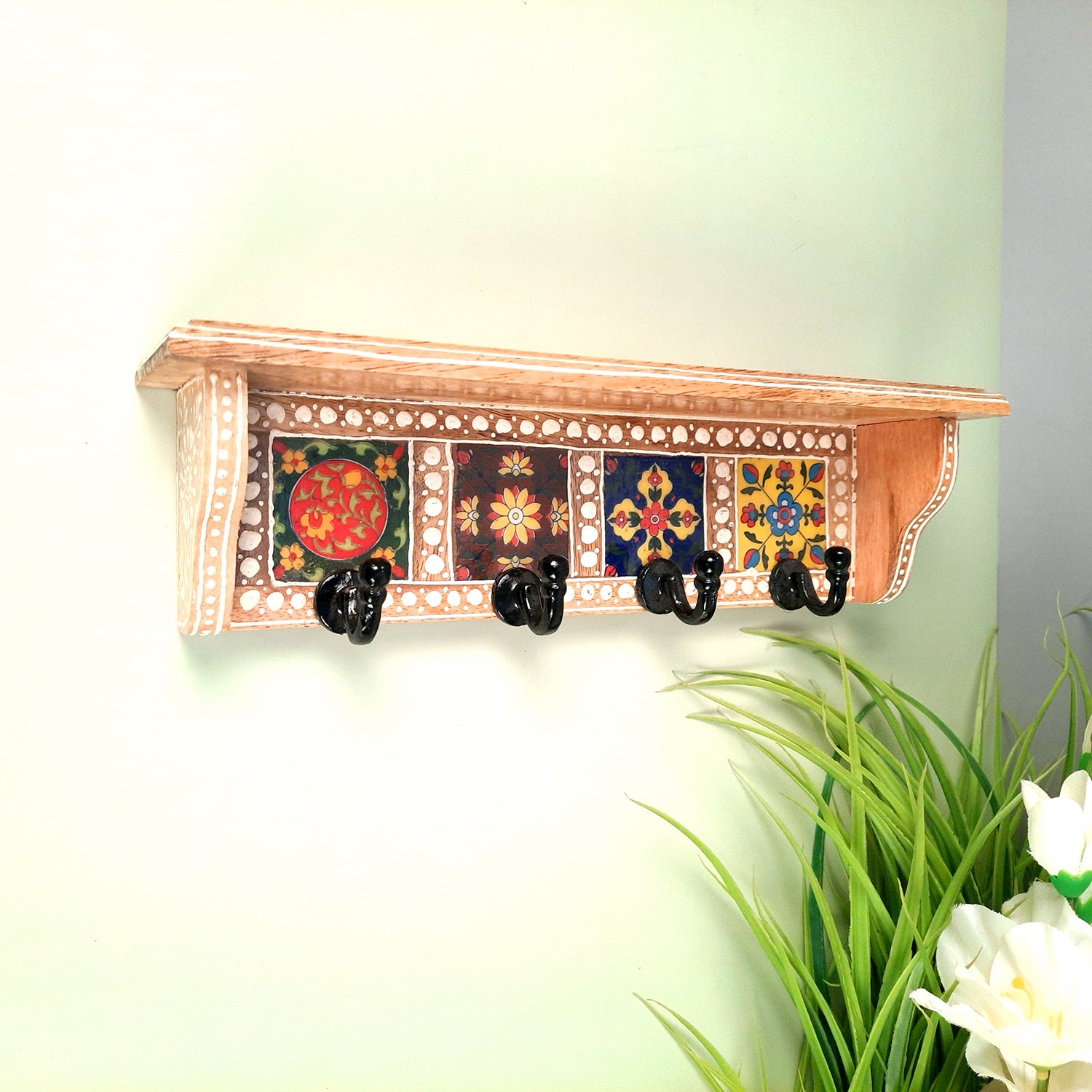 Key Hooks With Wall Shelf | Key Holder Stand With Ceramic Tile Design | Floating Shelves Cum Key Hanger Organiser - For Home, Entrance, Office Decor & Gifts - 12 Inch (4 Hooks) - Apkamart #color_light brown