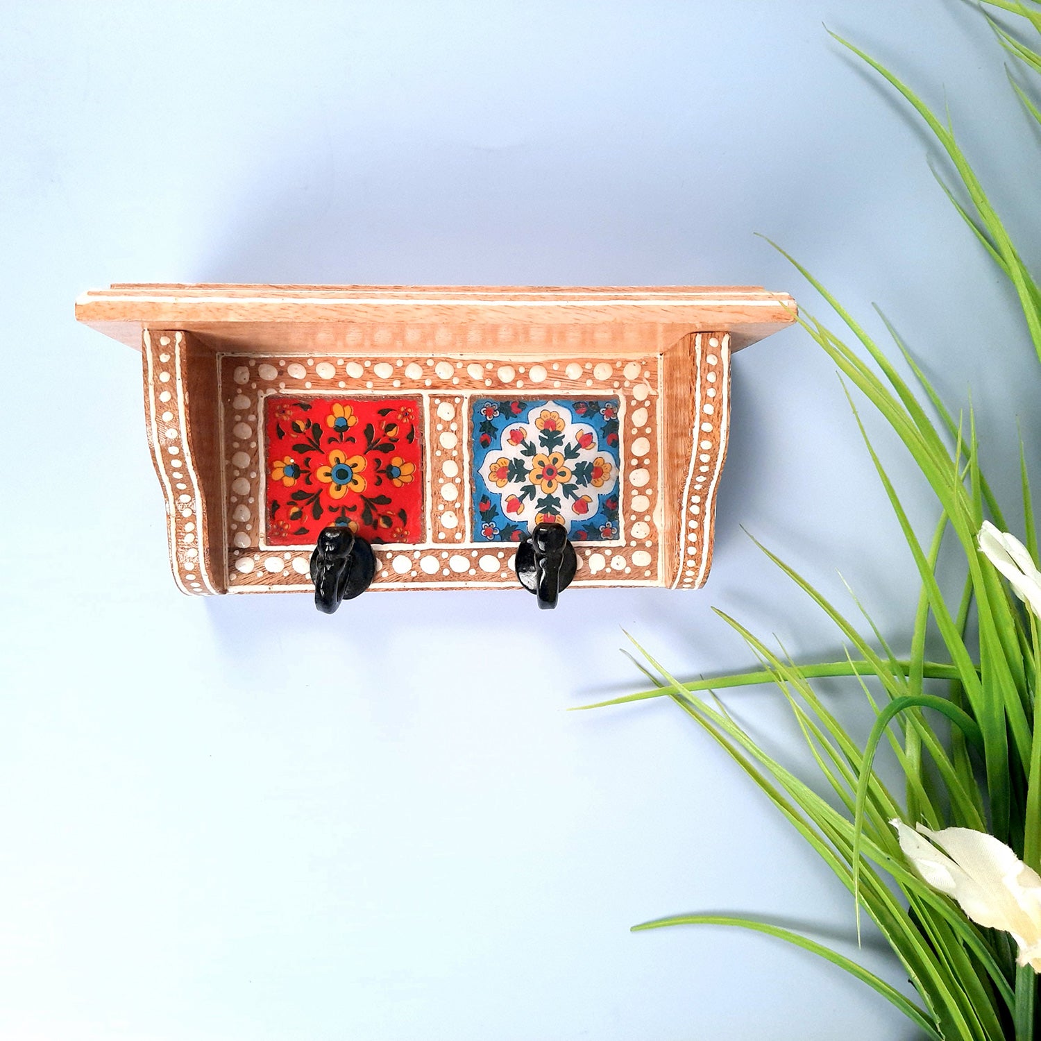 Key Hooks With Wall Shelf | Key Holder Stand With Ceramic Tile Design | Floating Shelves Cum Key Hanger Organiser - For Home, Entrance, Office Decor & Gifts - 10 Inch (3 Hooks) - Apkamart #color_light brown