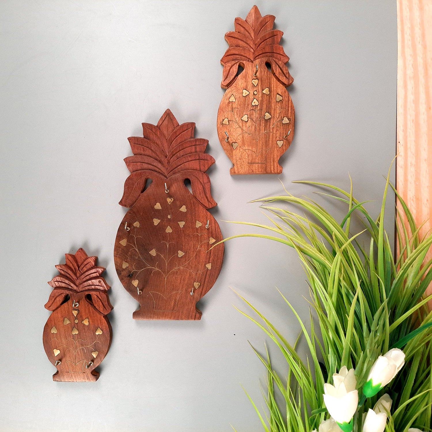 Key Holder Wall Hanging | Key Hook Stand - Pineapple Design | Wooden Keys Organizer - For Home, Entrance, Office Decor & Gifts - (Set of 3) (11 Hooks) - Apkamart