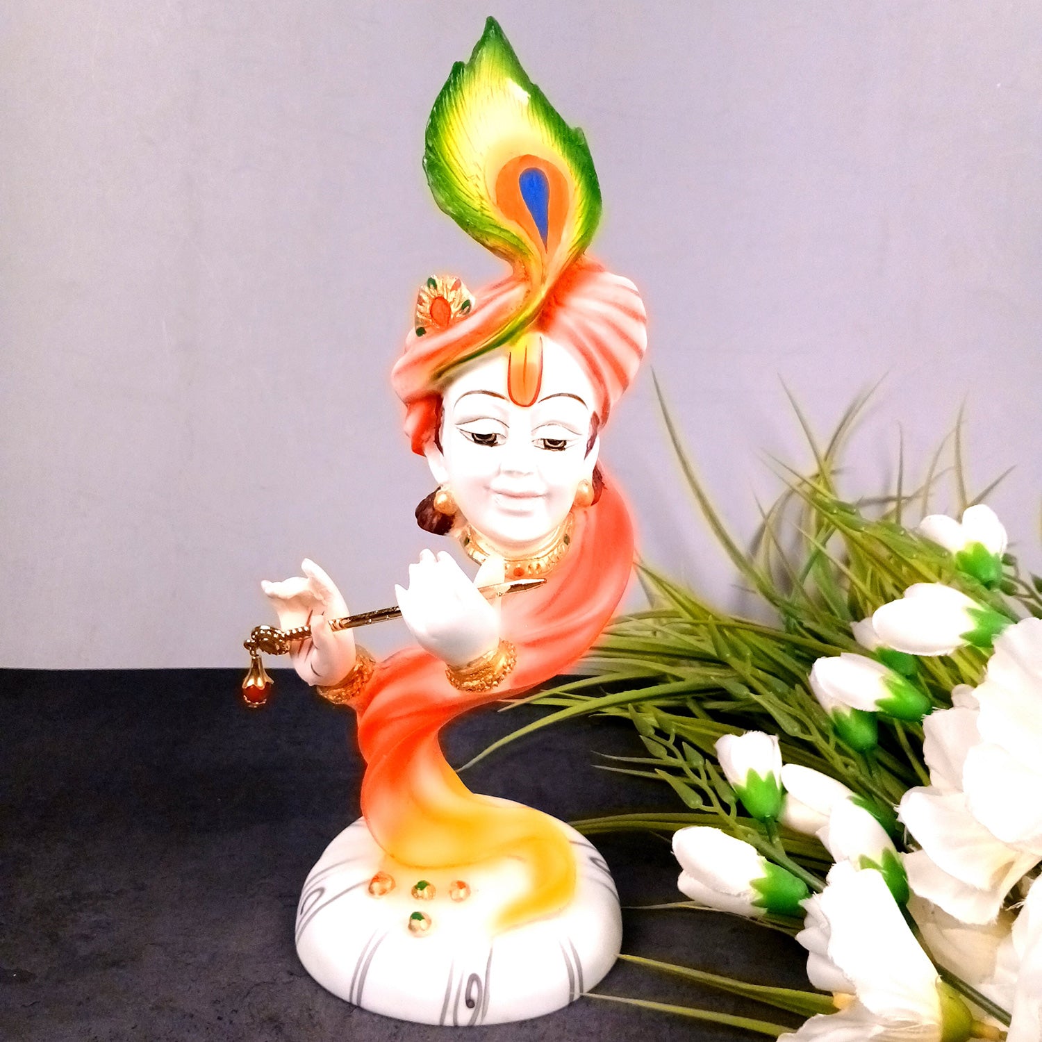 Krishna Statue | Shri Krishna Playing Flute Idol | Lord Krishna Murti - for Home, Living Room, Office, Puja, Entrance Decoration & Gifts - 13 Inch - Apkamart #Color_White