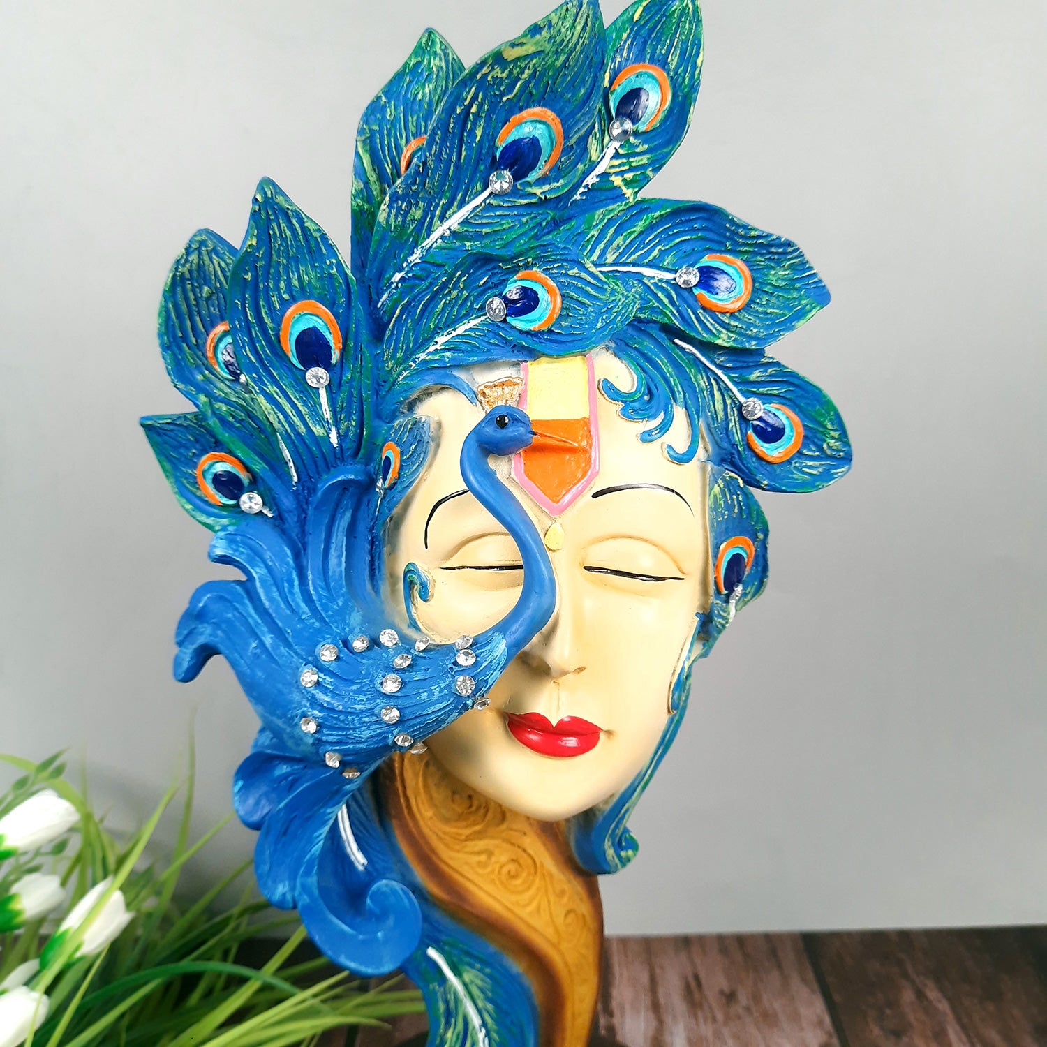 Krishan Idol With Peacock | Lord Krishna Murti | Decorative Krishna Statue Showpiece - for Home, Puja Room, Table Decor, Living room, Office Desk & Gift - 19 Inch -Apkamart