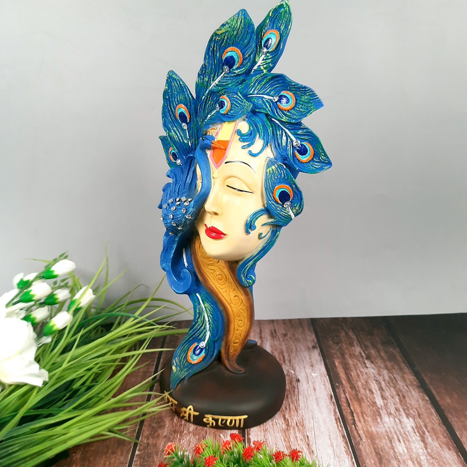 Krishan Idol With Peacock | Lord Krishna Murti | Decorative Krishna Statue Showpiece - for Home, Puja Room, Table Decor, Living room, Office Desk & Gift - 19 Inch -Apkamart