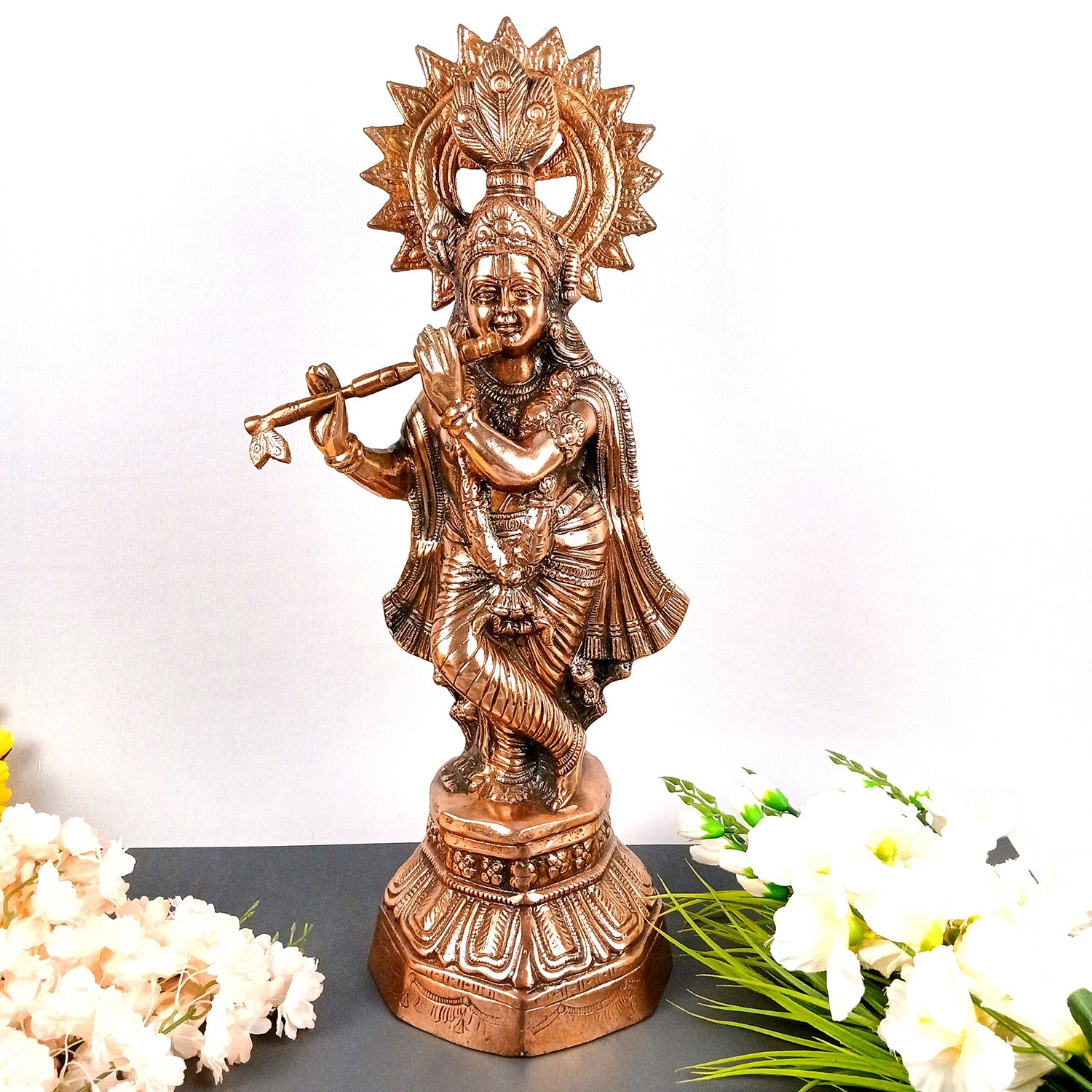 Krishna Idol | Shri Playing Flute Krishna Statue | Lord Krishna Metal Murti - for Puja, Home, Table, Living Room, Office Desk, Entrance Decoration & Gift - 26 Inch - Apkamart