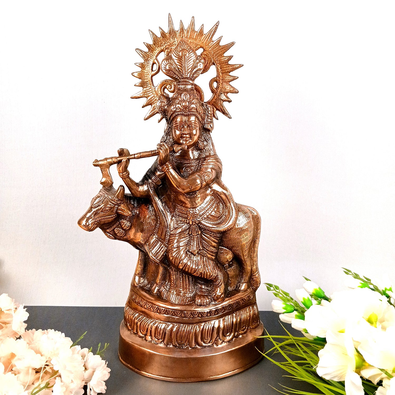 Krishna Statue | Shri Krishna With Cow Idol Murti - for Home, Table, Living Room, Office, Puja , Entrance Decoration & Gifts - 22 Inch - Apkamart