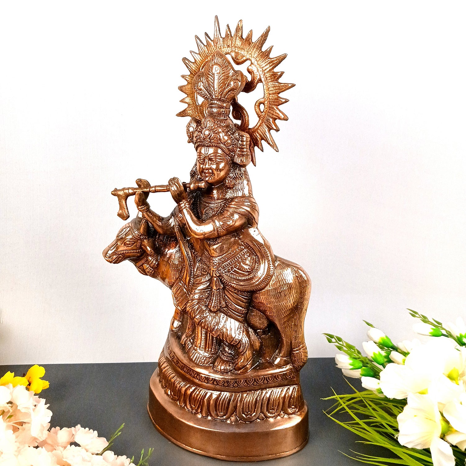 Krishna Statue | Shri Krishna With Cow Idol Murti - for Home, Table, Living Room, Office, Puja , Entrance Decoration & Gifts - 22 Inch - Apkamart