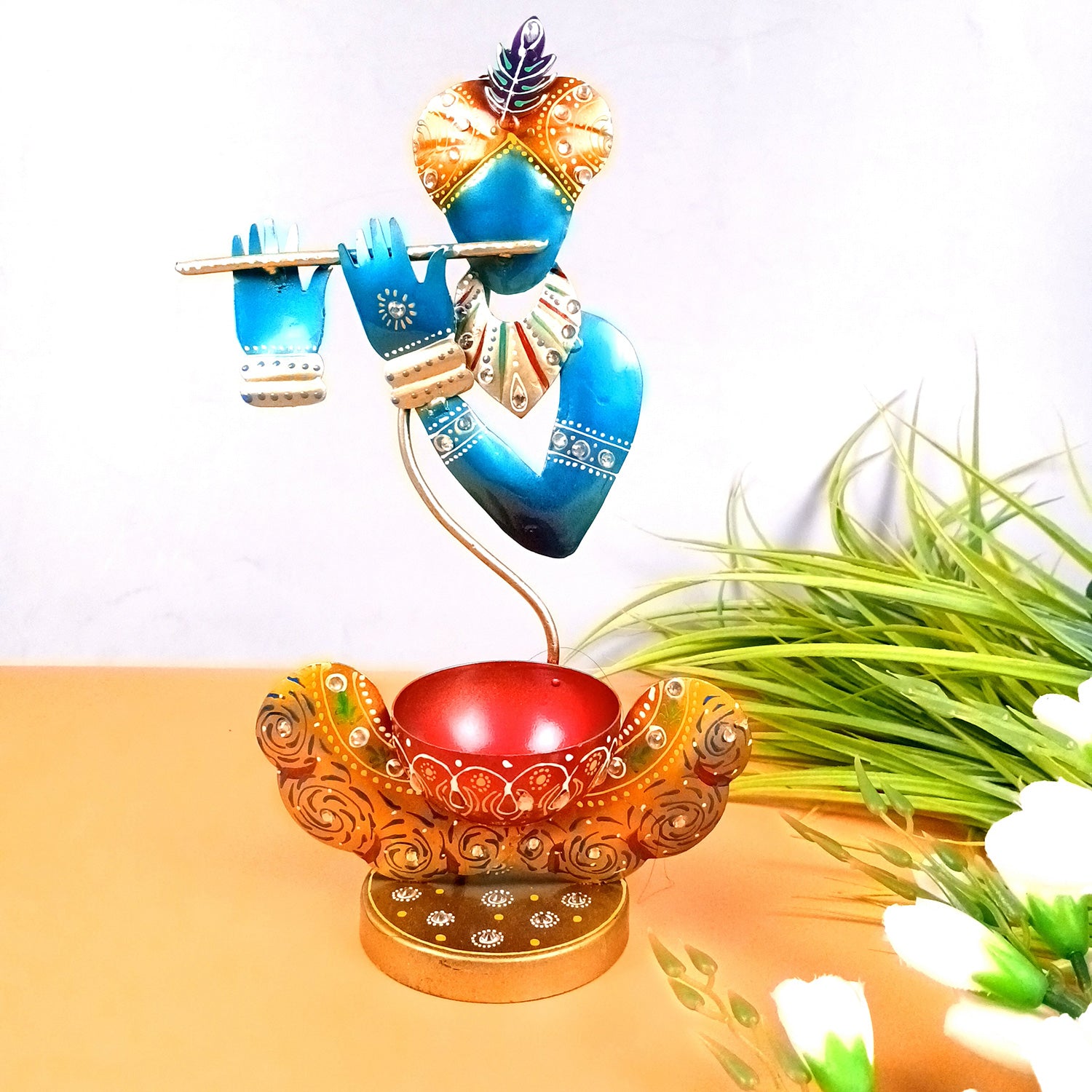 Krishna Candle Tea Light Holder | TeaLight Holders Stand - for Home, Table, Living Room, Dining Room, Bedroom Decor | for Diwali Decoration & Gifts - 12 Inch - Apkamart