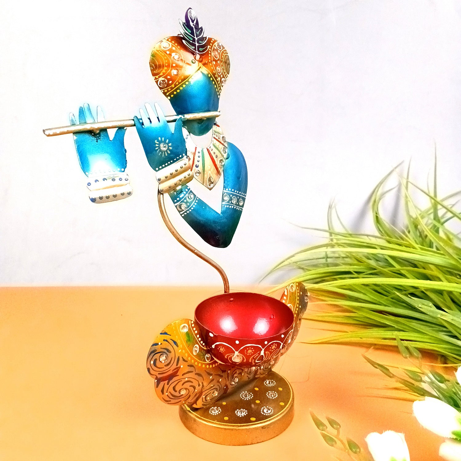 Krishna Candle Tea Light Holder | TeaLight Holders Stand - for Home, Table, Living Room, Dining Room, Bedroom Decor | for Diwali Decoration & Gifts - 12 Inch - Apkamart