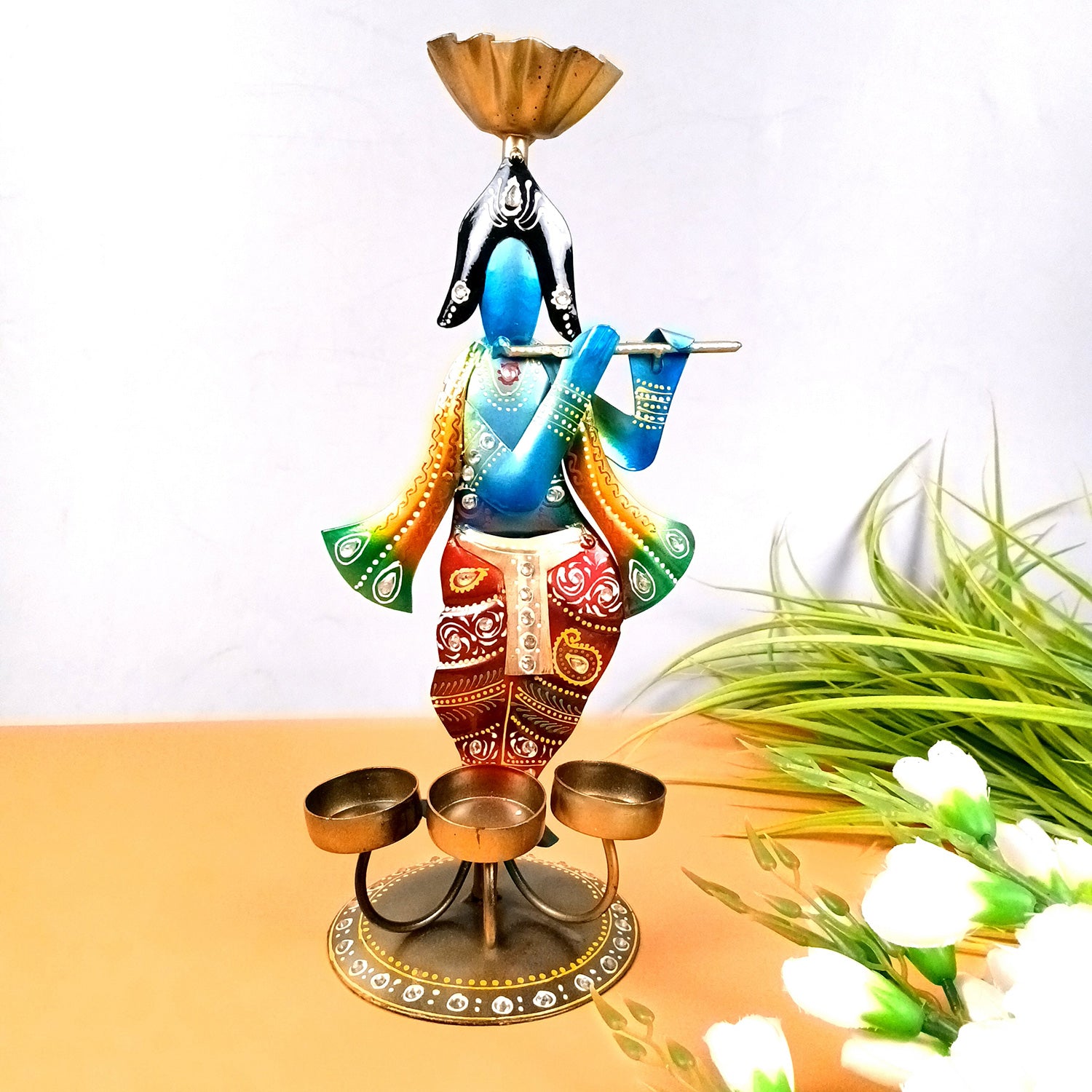 Krishna Tea Light Candle Holder | T Light Stand with 4 Slots - for Home, Table, Living Room, Dining Room, Bedroom Decor | for Diwali Decoration & Gifts - 13 Inch - Apkamart