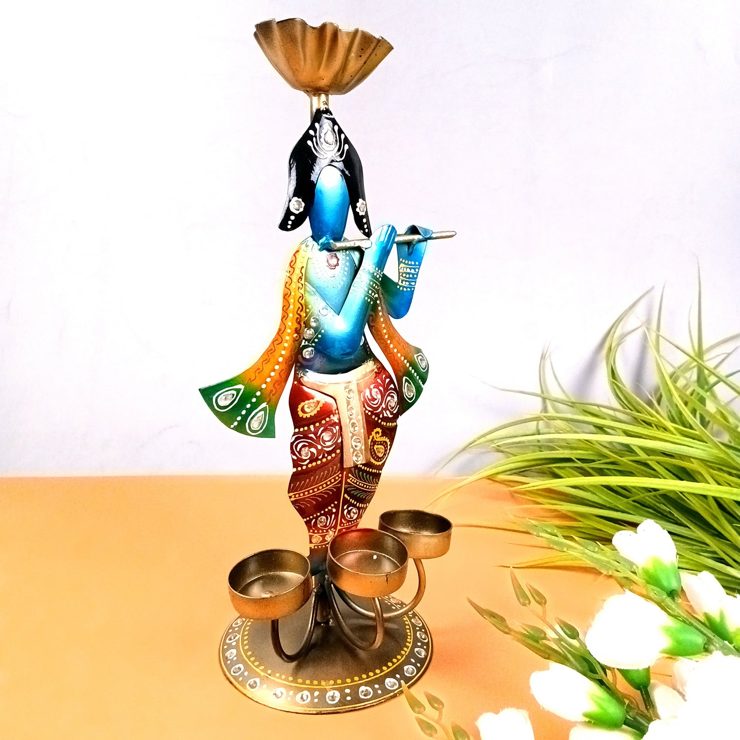 Krishna Tea Light Candle Holder | T Light Stand with 4 Slots - for Home, Table, Living Room, Dining Room, Bedroom Decor | for Diwali Decoration & Gifts - 13 Inch - Apkamart