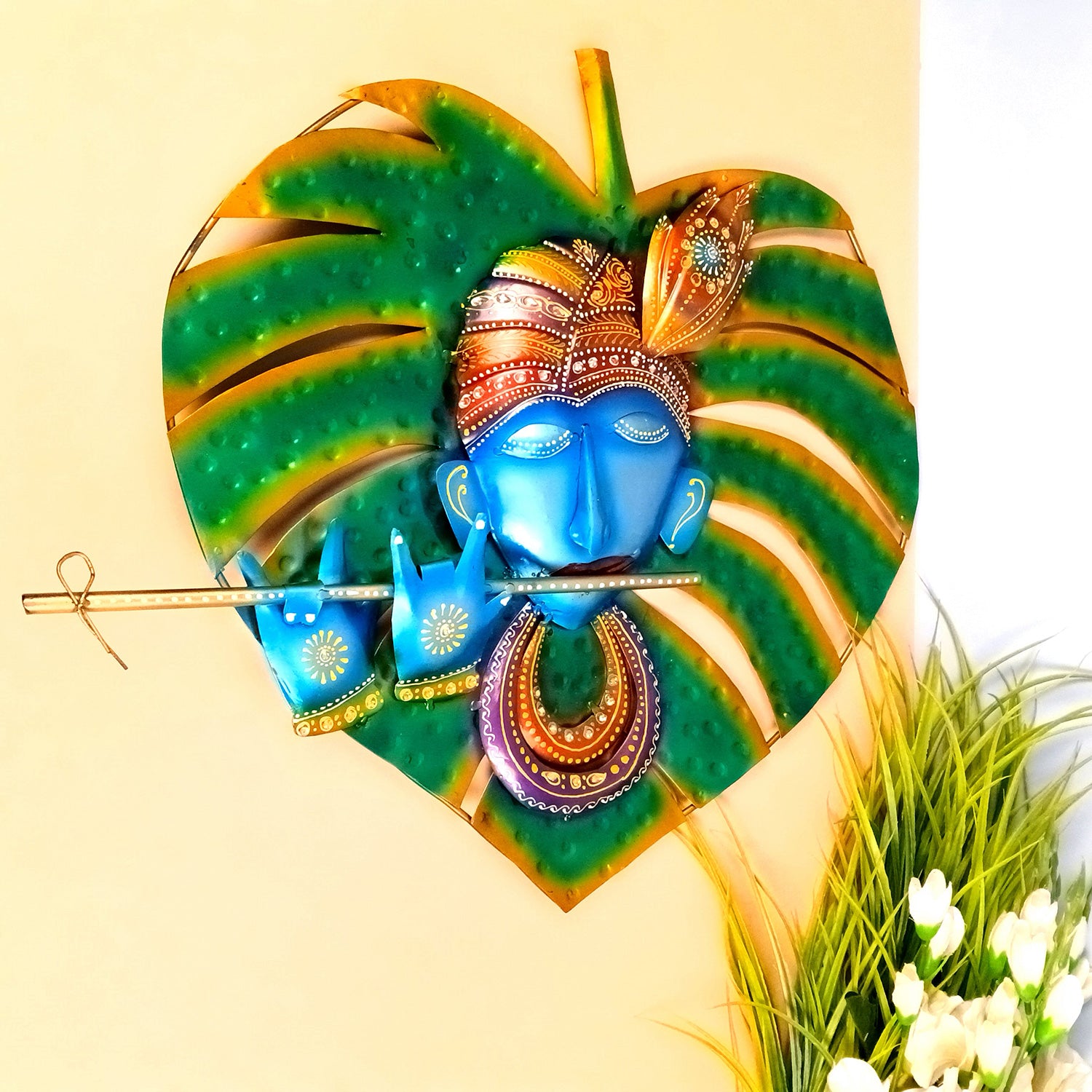 Krishna Wall Hanging - Leaf Design | Decorative Wall Showpiece Decor - For Home, Living Room, Bedroom, Hall, Entrance Decoration & Gift - 22 Inch - Apkamart