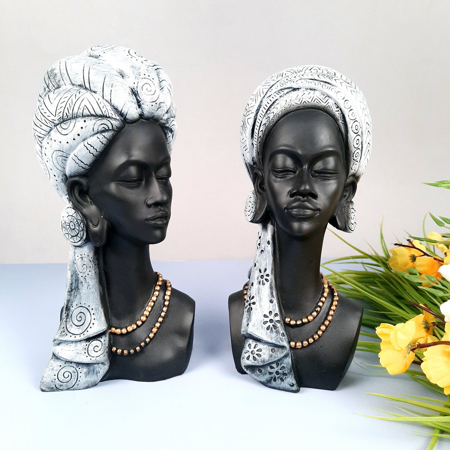 African Lady Statue Showpiece | Tribal Woman Bust Sculpture Figurine - for Home, Living Room, Shelf, Table, Desk Decor & Gifts - 12 Inch - apkamart #Color_Silver