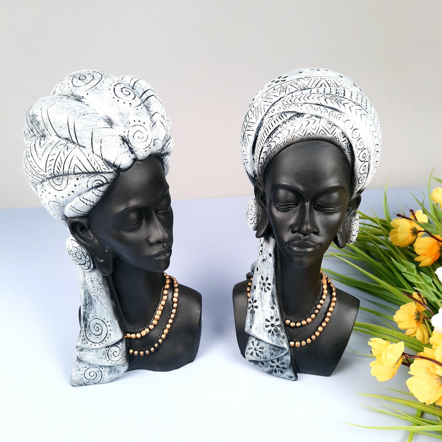 African Lady Statue Showpiece | Tribal Woman Bust Sculpture Figurine - for Home, Living Room, Shelf, Table, Desk Decor & Gifts - 12 Inch - apkamart #Color_Silver