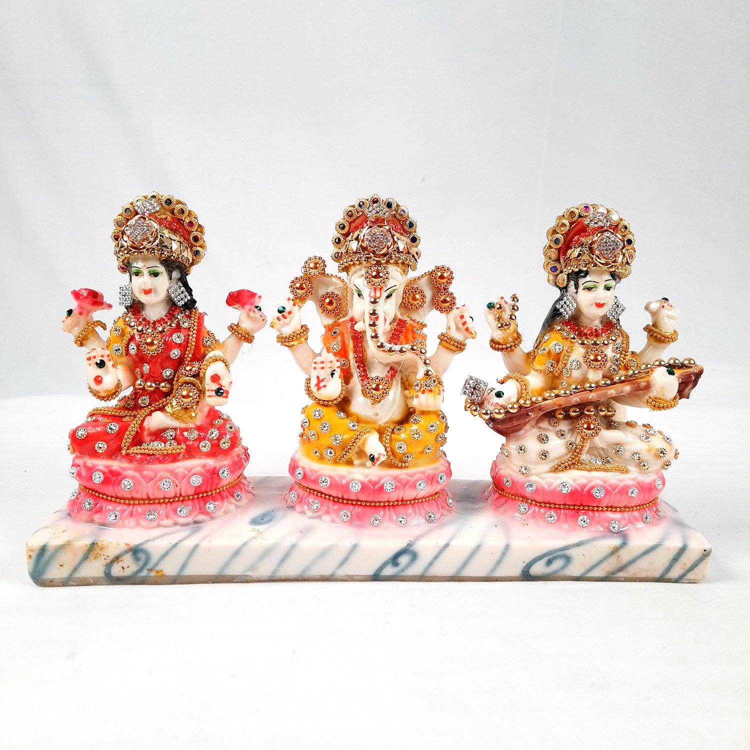 Laxmi Ganesh & Saraswati Statue Idol Murti - Marbal Look With Intricate Beads Work  - for Diwali Puja, Home, Living Room, Office Desk Decor & Gifts - (11Lx6H) Inch - Apkamart