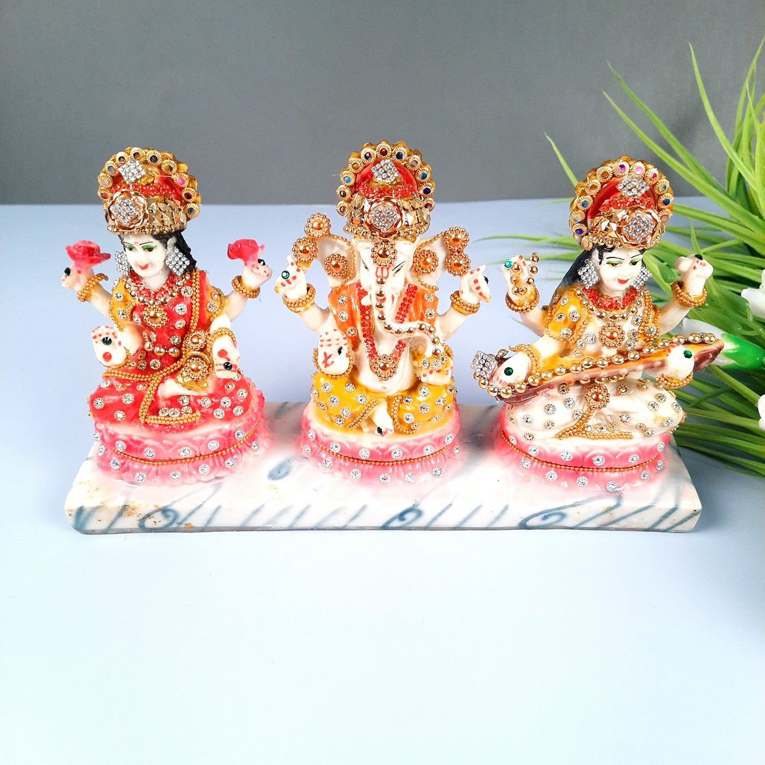 Laxmi Ganesh & Saraswati Statue Idol Murti - Marbal Look With Intricate Beads Work  - for Diwali Puja, Home, Living Room, Office Desk Decor & Gifts - (11Lx6H) Inch - Apkamart