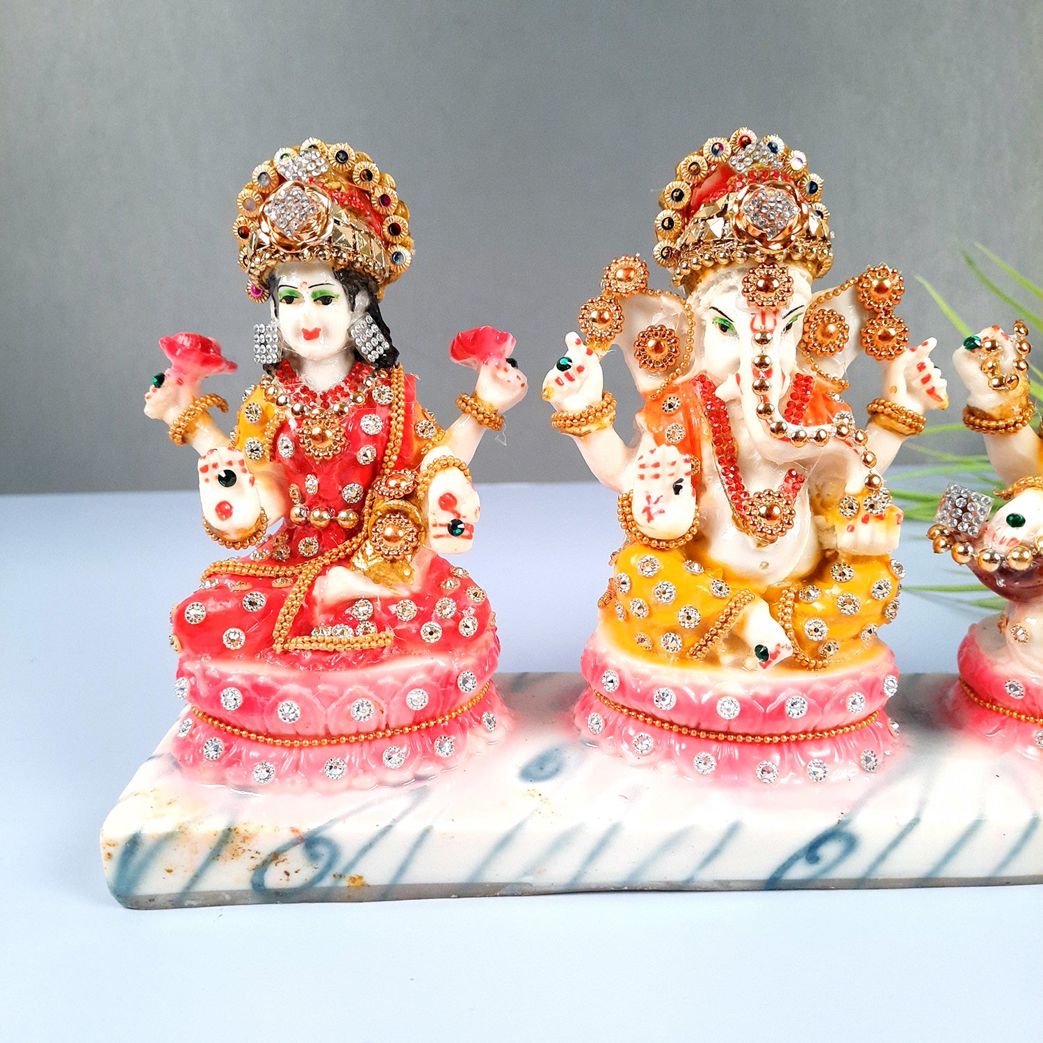 Laxmi Ganesh & Saraswati Statue Idol Murti - Marbal Look With Intricate Beads Work  - for Diwali Puja, Home, Living Room, Office Desk Decor & Gifts - (11Lx6H) Inch - Apkamart