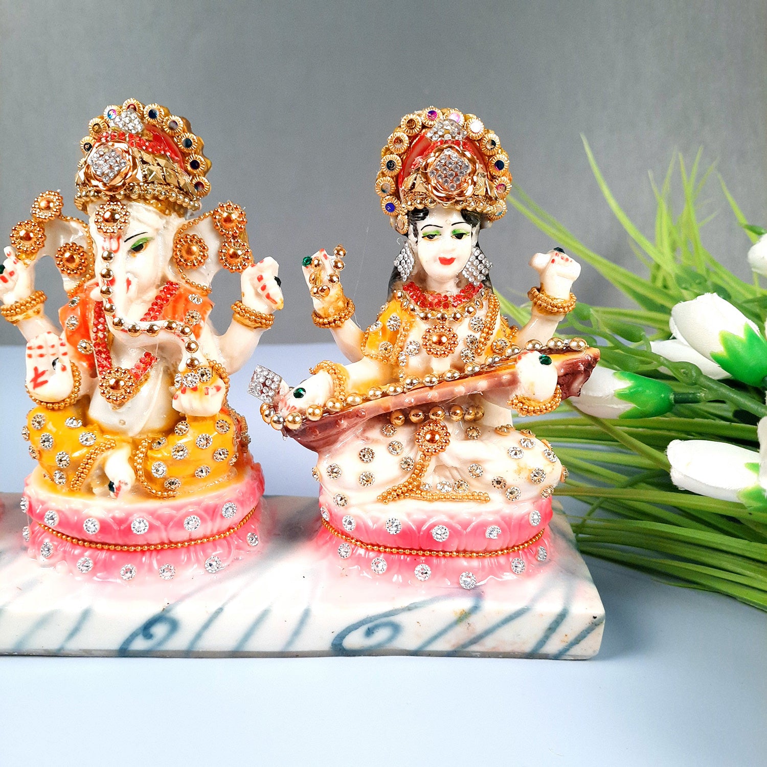 Laxmi Ganesh & Saraswati Statue Idol Murti - Marbal Look With Intricate Beads Work  - for Diwali Puja, Home, Living Room, Office Desk Decor & Gifts - (11Lx6H) Inch - Apkamart