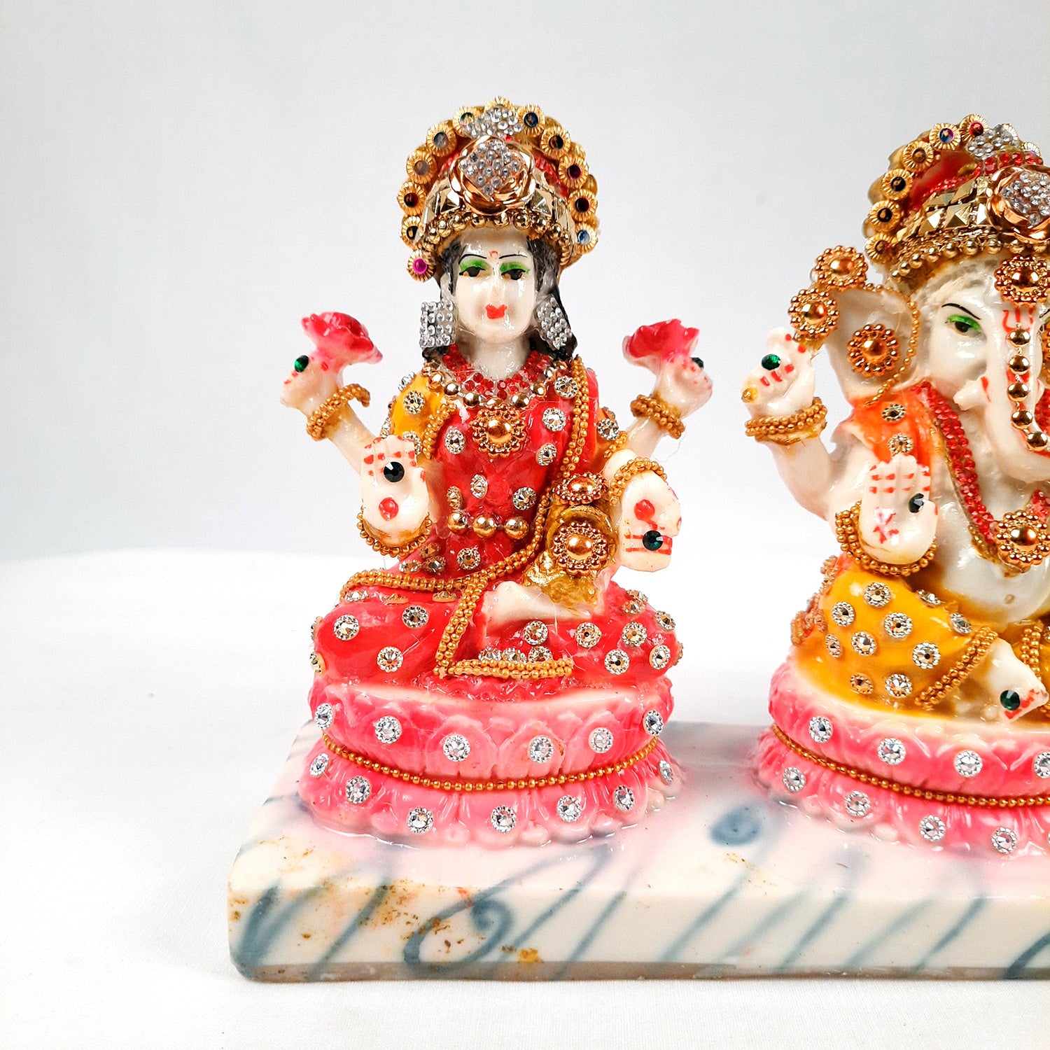 Laxmi Ganesh & Saraswati Statue Idol Murti - Marbal Look With Intricate Beads Work  - for Diwali Puja, Home, Living Room, Office Desk Decor & Gifts - (11Lx6H) Inch - Apkamart