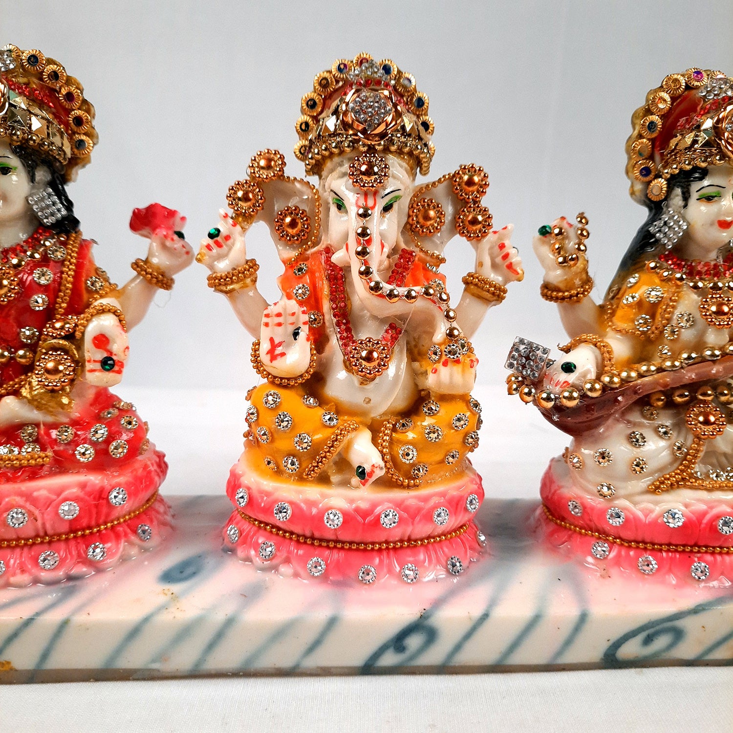 Laxmi Ganesh & Saraswati Statue Idol Murti - Marbal Look With Intricate Beads Work  - for Diwali Puja, Home, Living Room, Office Desk Decor & Gifts - (11Lx6H) Inch - Apkamart