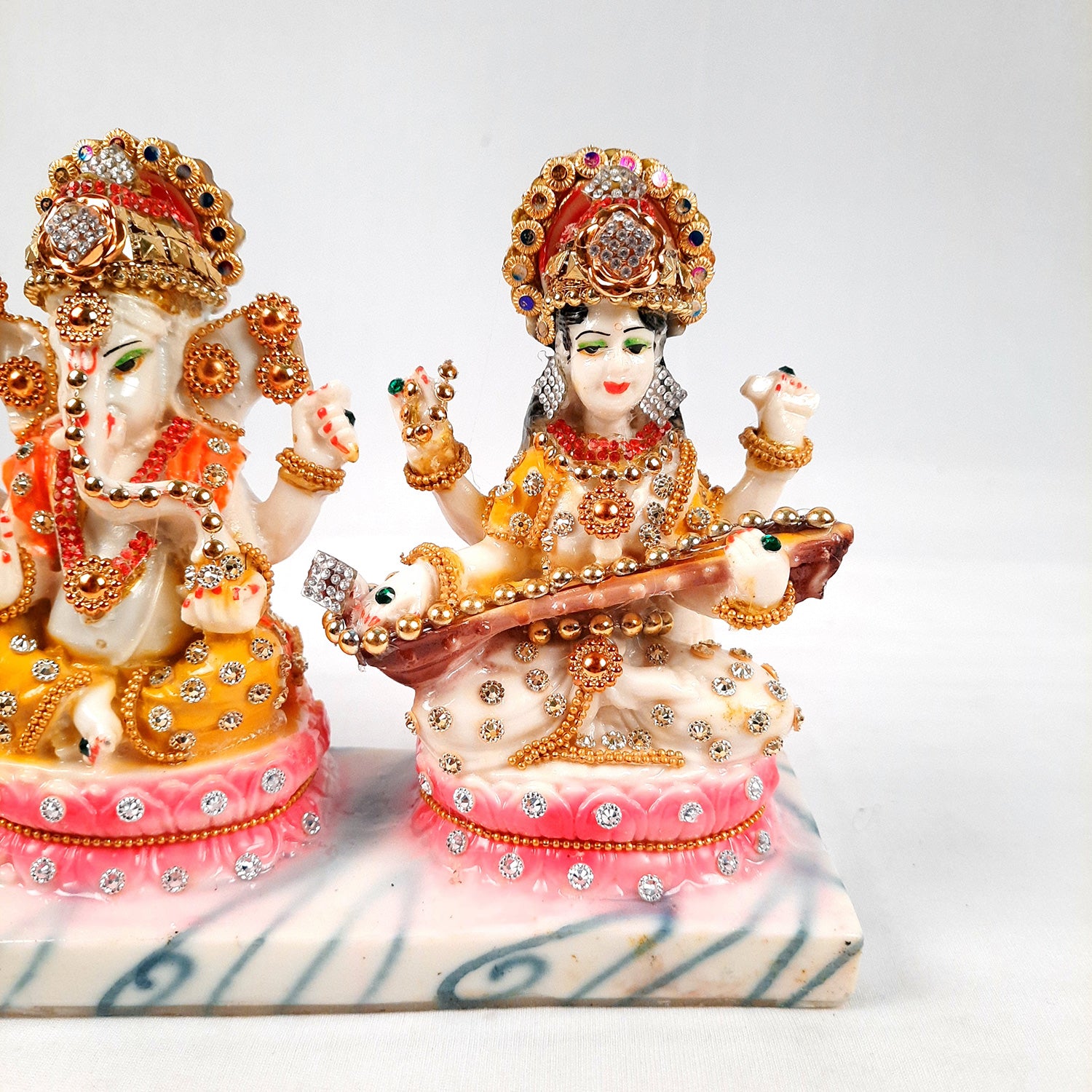 Laxmi Ganesh & Saraswati Statue Idol Murti - Marbal Look With Intricate Beads Work  - for Diwali Puja, Home, Living Room, Office Desk Decor & Gifts - (11Lx6H) Inch - Apkamart