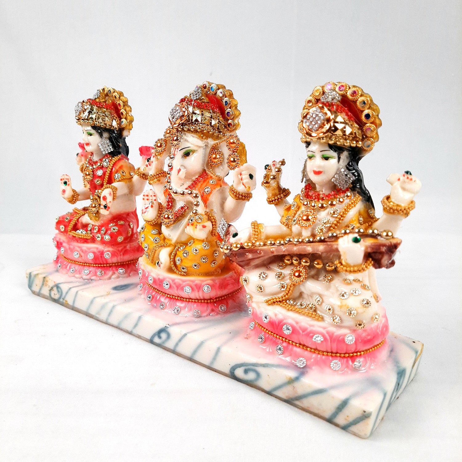 Laxmi Ganesh & Saraswati Statue Idol Murti - Marbal Look With Intricate Beads Work  - for Diwali Puja, Home, Living Room, Office Desk Decor & Gifts - (11Lx6H) Inch - Apkamart