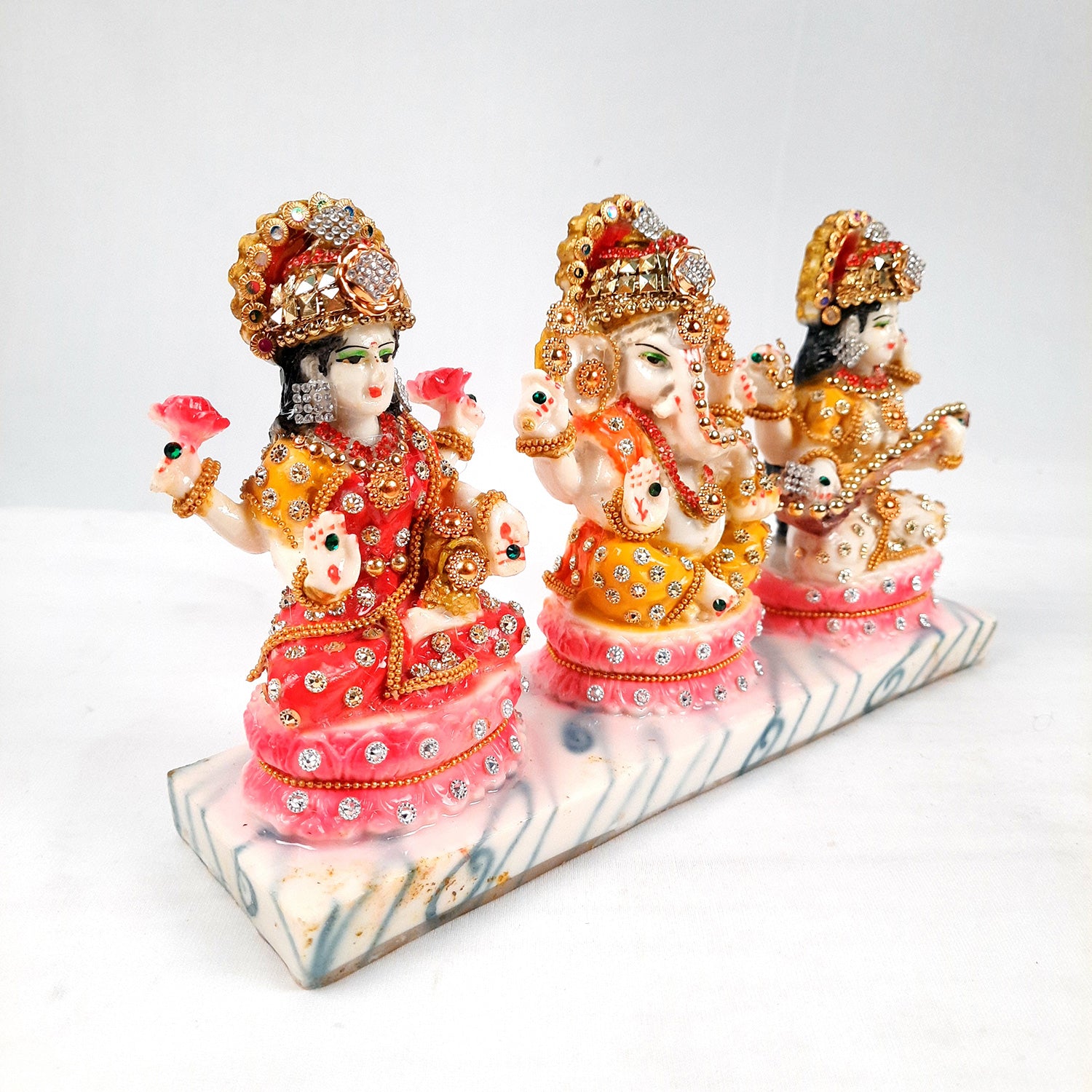 Laxmi Ganesh & Saraswati Statue Idol Murti - Marbal Look With Intricate Beads Work  - for Diwali Puja, Home, Living Room, Office Desk Decor & Gifts - (11Lx6H) Inch - Apkamart