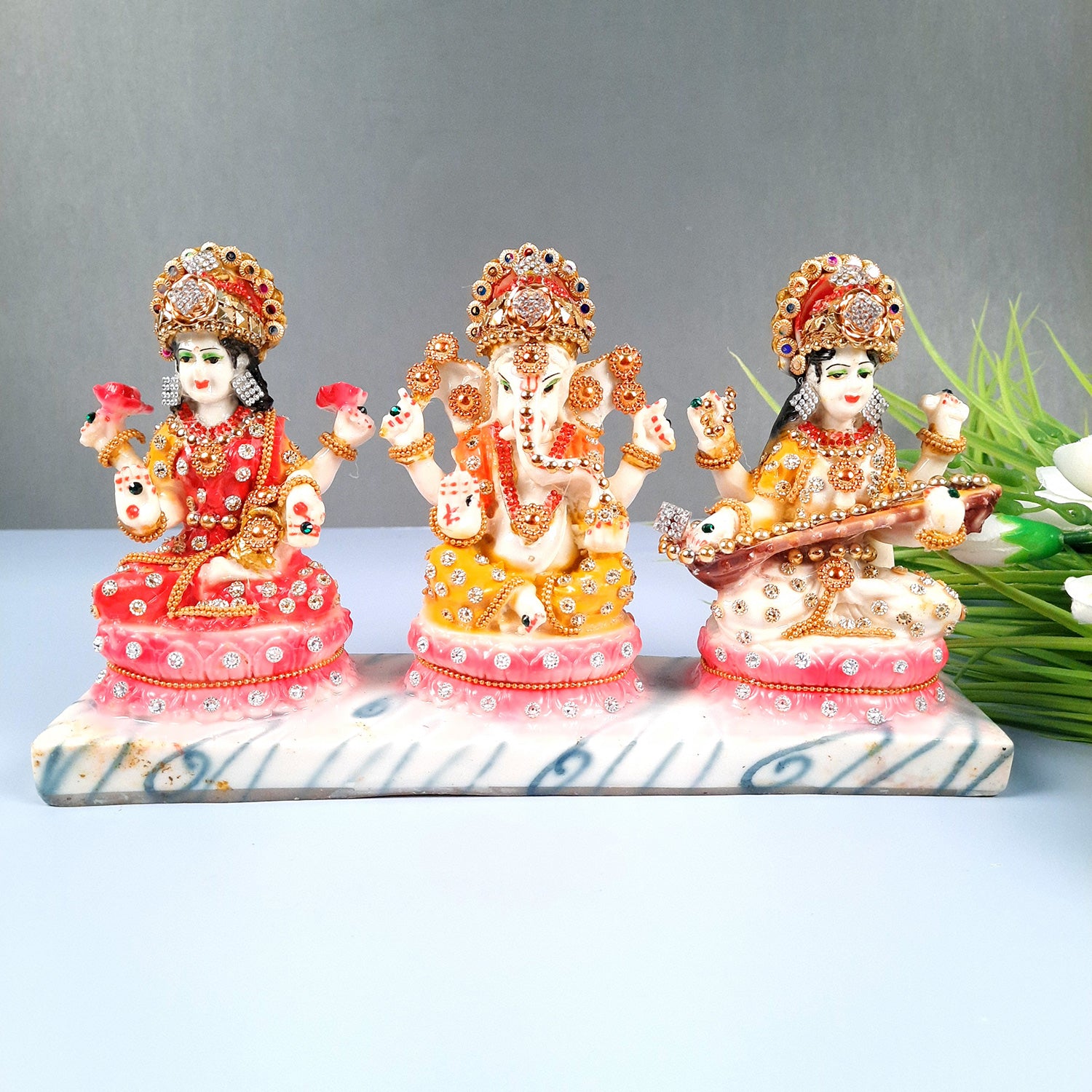 Laxmi Ganesh & Saraswati Statue Idol Murti - Marbal Look With Intricate Beads Work  - for Diwali Puja, Home, Living Room, Office Desk Decor & Gifts - (11Lx6H) Inch - Apkamart