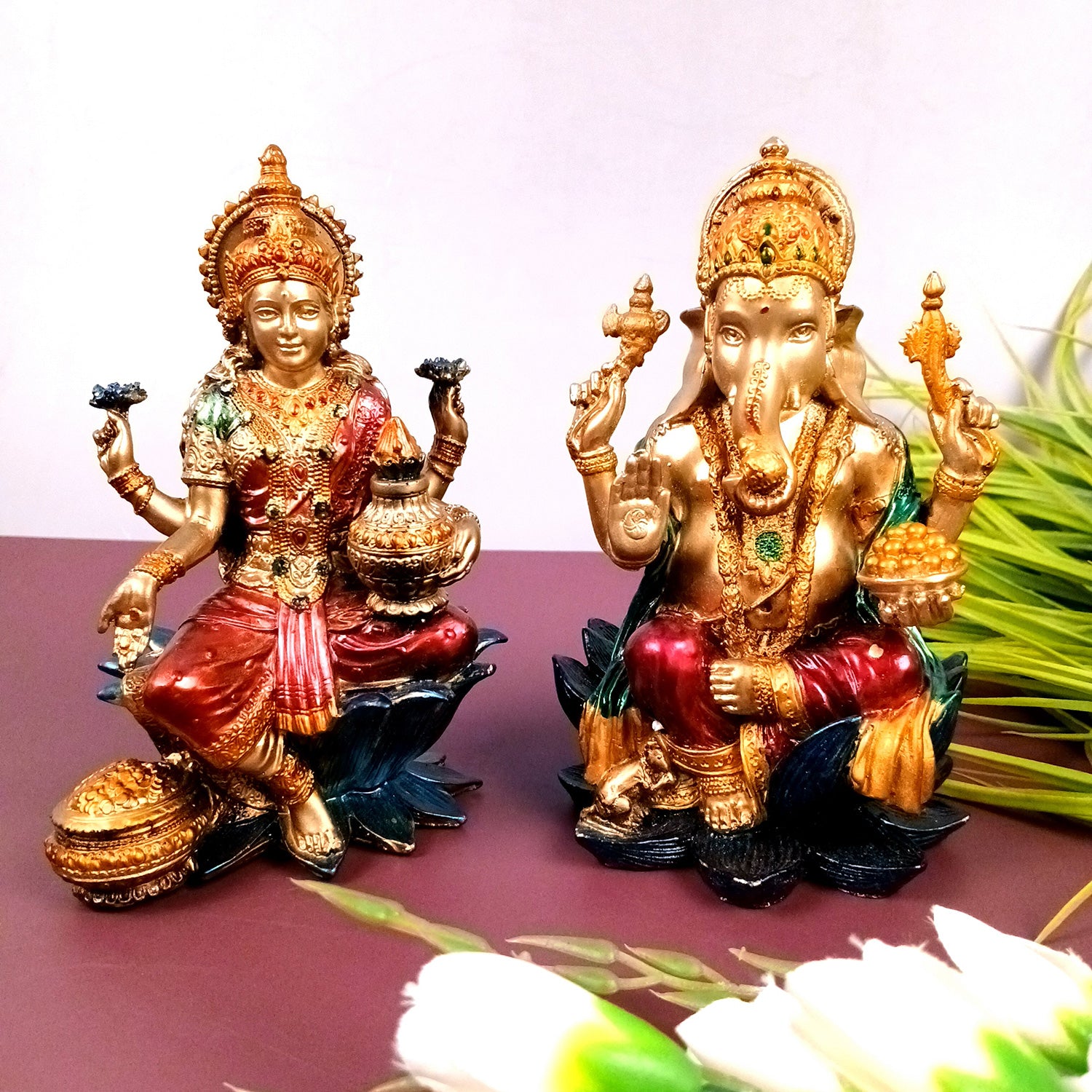 Laxmi Ganesh Statue | Goddess Lakshmi & Lord Ganesha Idol Murti - for Diwali Pooja, Home, Temple, Living Room, Wall Decor & Gifts - 7 inch (Marble Dust, Golden) - Apkamart