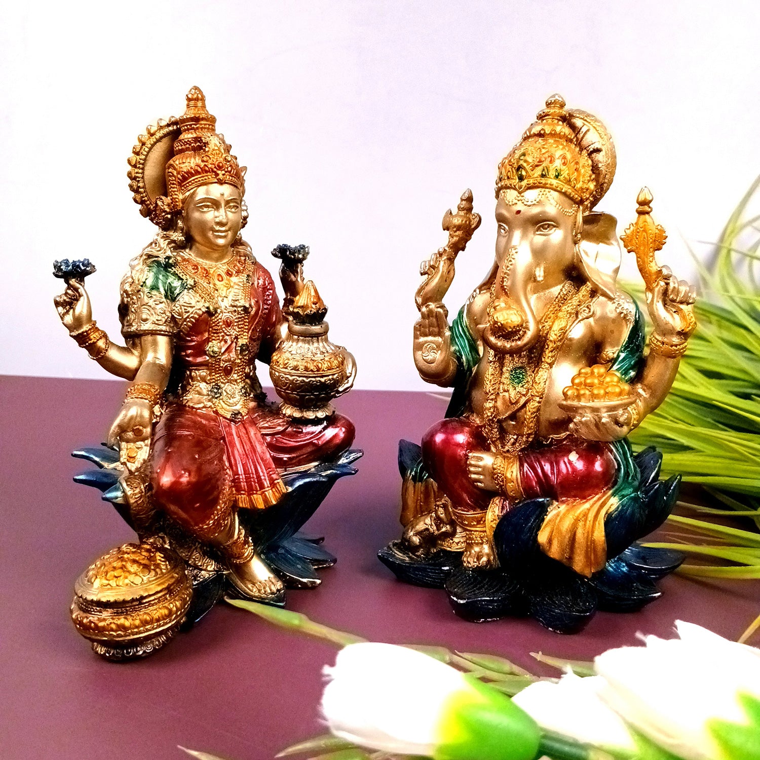 Laxmi Ganesh Statue | Goddess Lakshmi & Lord Ganesha Idol Murti - for Diwali Pooja, Home, Temple, Living Room, Wall Decor & Gifts - 7 inch (Marble Dust, Golden) - Apkamart