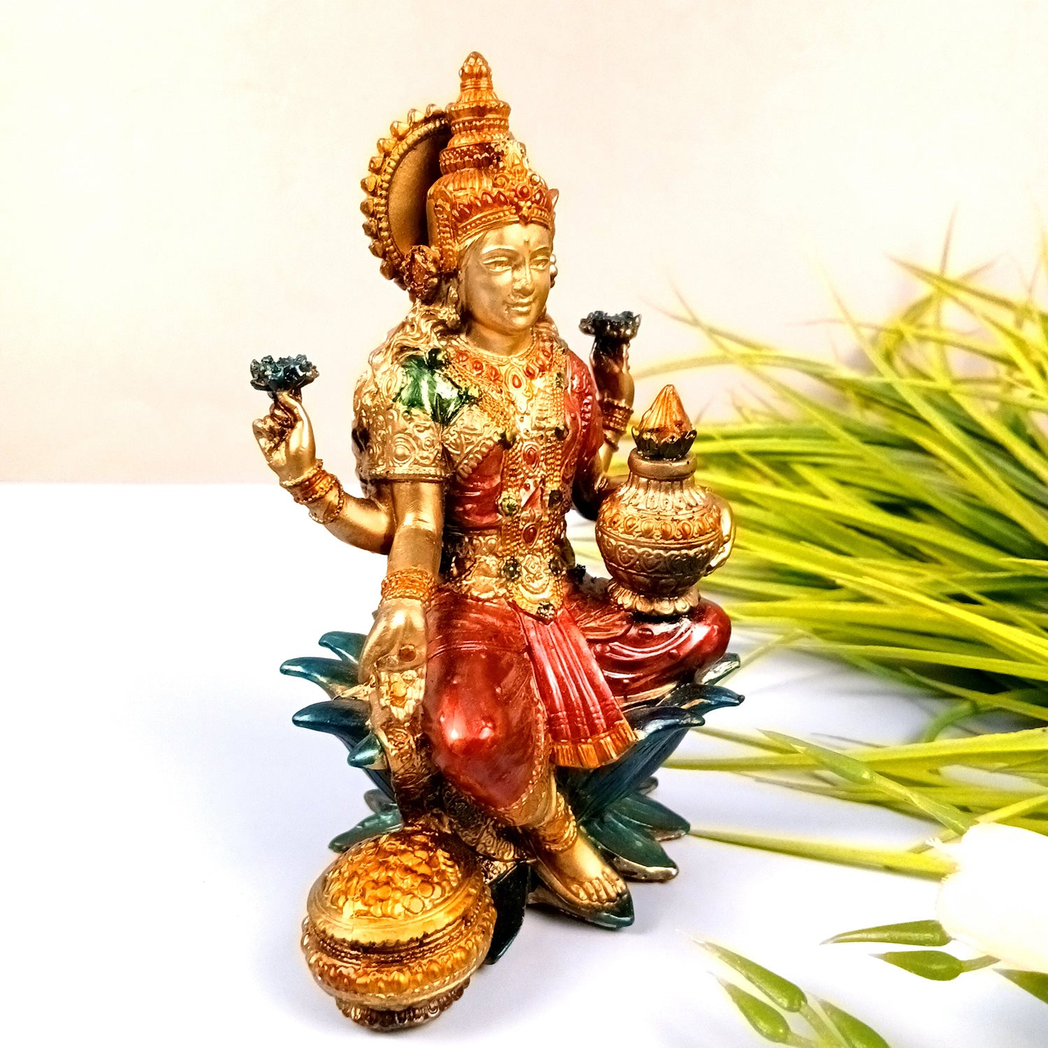 Laxmi Ji Statue | Goddess Lakshmi Idol Murti - for Diwali Pooja, Home, Temple, Living Room, Wall Decor & Gifts - 7 inch (Marble Dust, Golden) - Apkamart