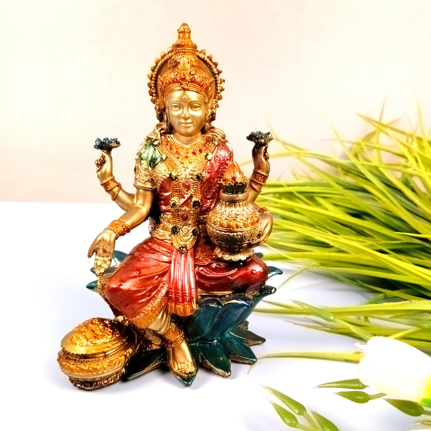 Laxmi Ji Statue | Goddess Lakshmi Idol Murti - for Diwali Pooja, Home, Temple, Living Room, Wall Decor & Gifts - 7 inch (Marble Dust, Golden) - Apkamart