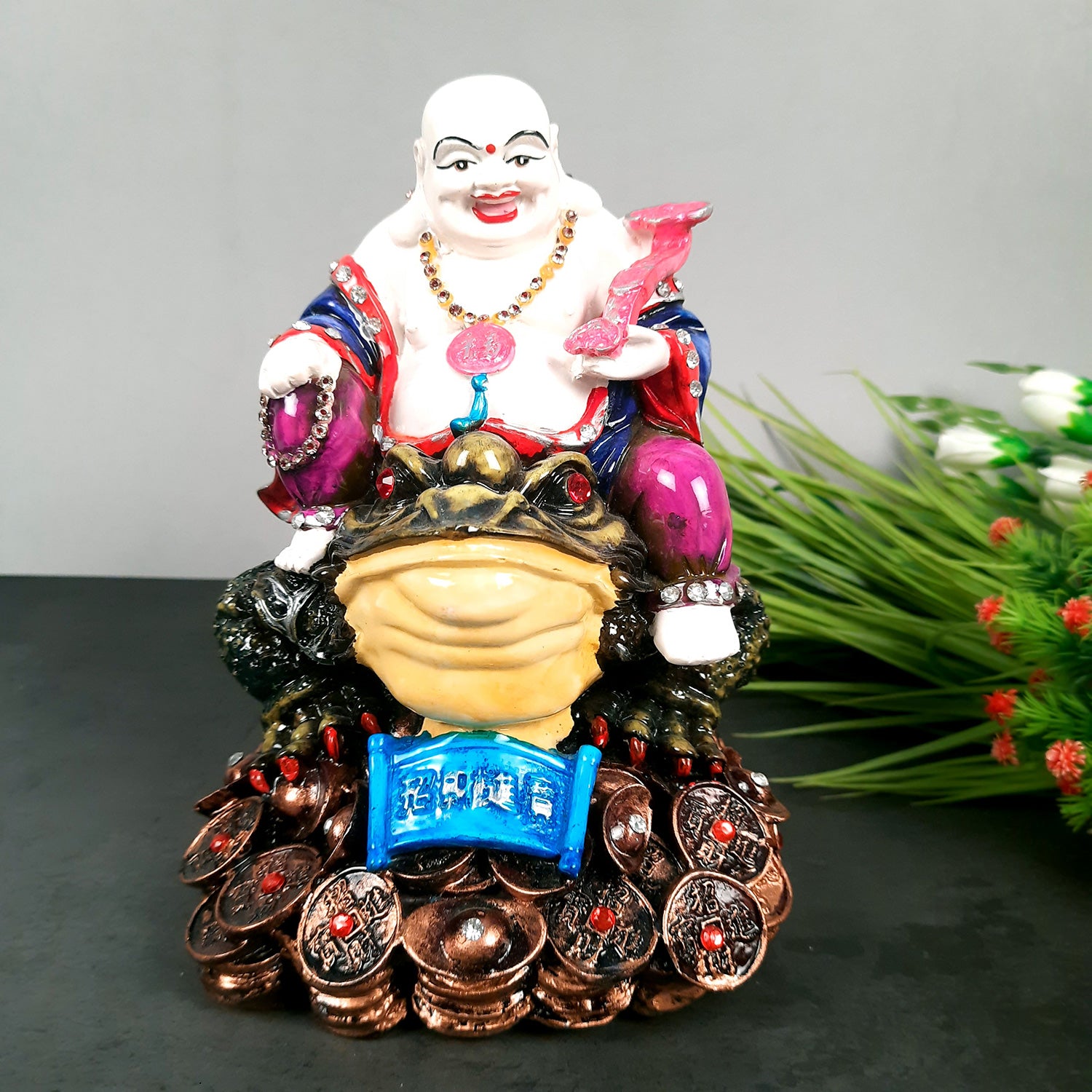 Laughing Buddha Showpiece | Laughing Buddha Statue - Sitting On Feng Shui Frog Design - for Good Luck, Money, Prosperity & Wealth - 10 Inch - Apkamart #Size_10 Inch