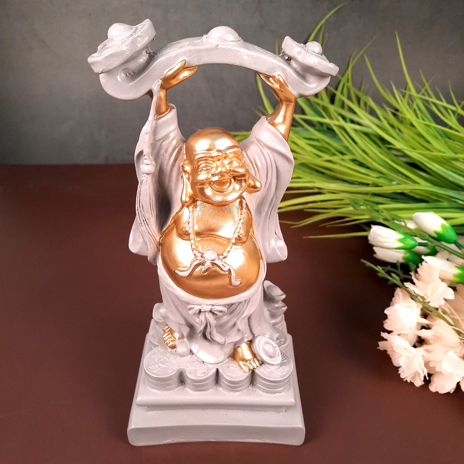 Laughing Buddha Showpiece - Standing On Coins Design - for Home & Table Decor, Health, Wealth & Gift - 9 Inch - apkamart #Style_Design 1