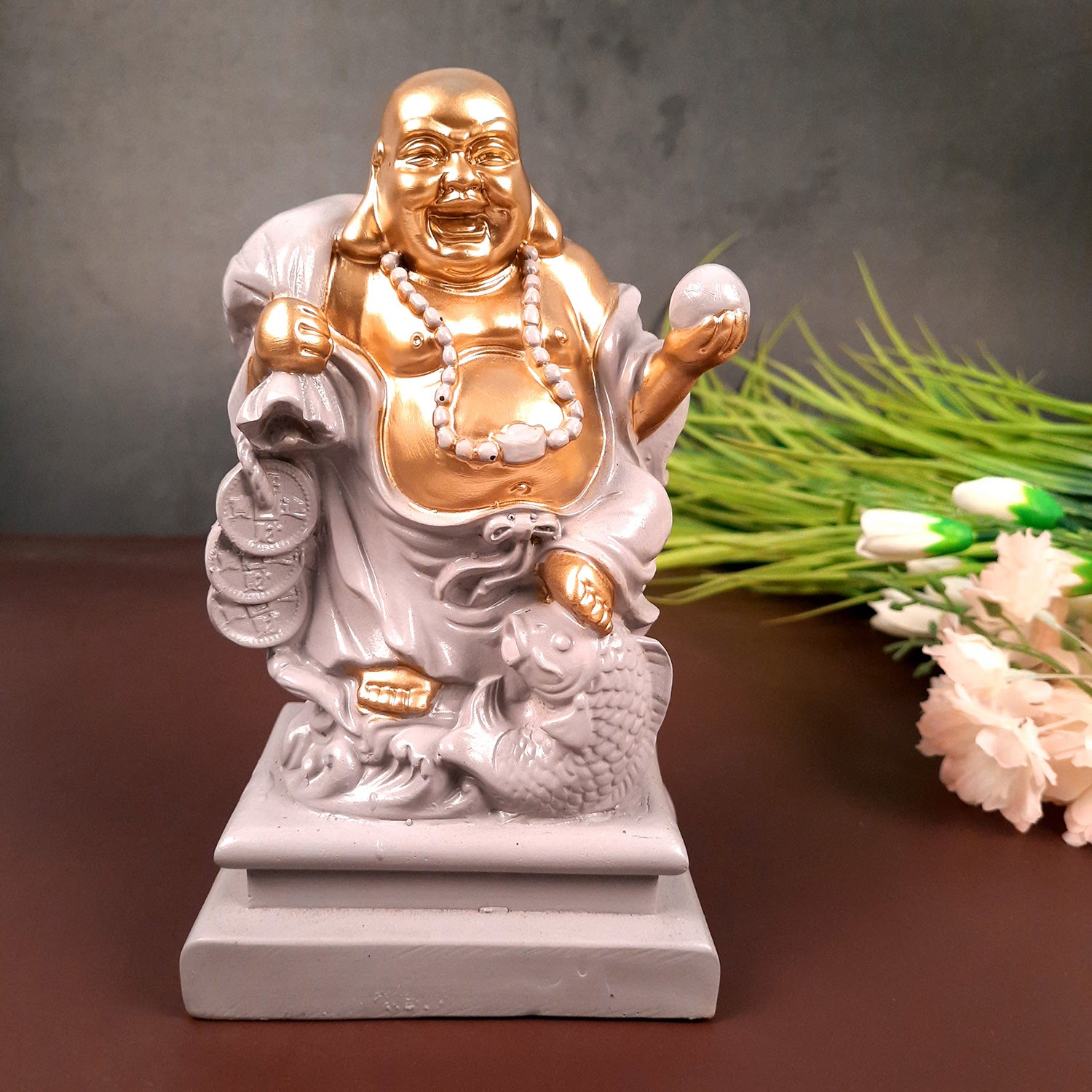 Laughing Buddha Showpiece - Standing On Coins Design - for Home & Table Decor, Health, Wealth & Gift - 9 Inch - apkamart #Style_Design 2