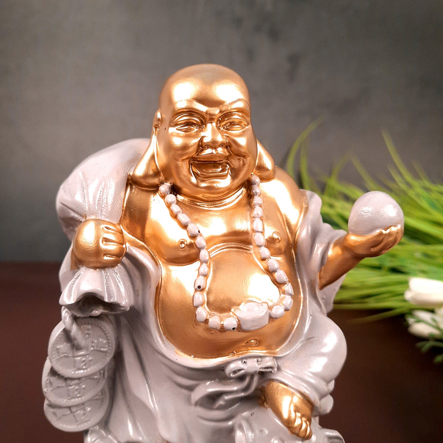 Laughing Buddha Showpiece - Standing On Coins Design - for Home & Table Decor, Health, Wealth & Gift - 9 Inch - apkamart #Style_Design 2