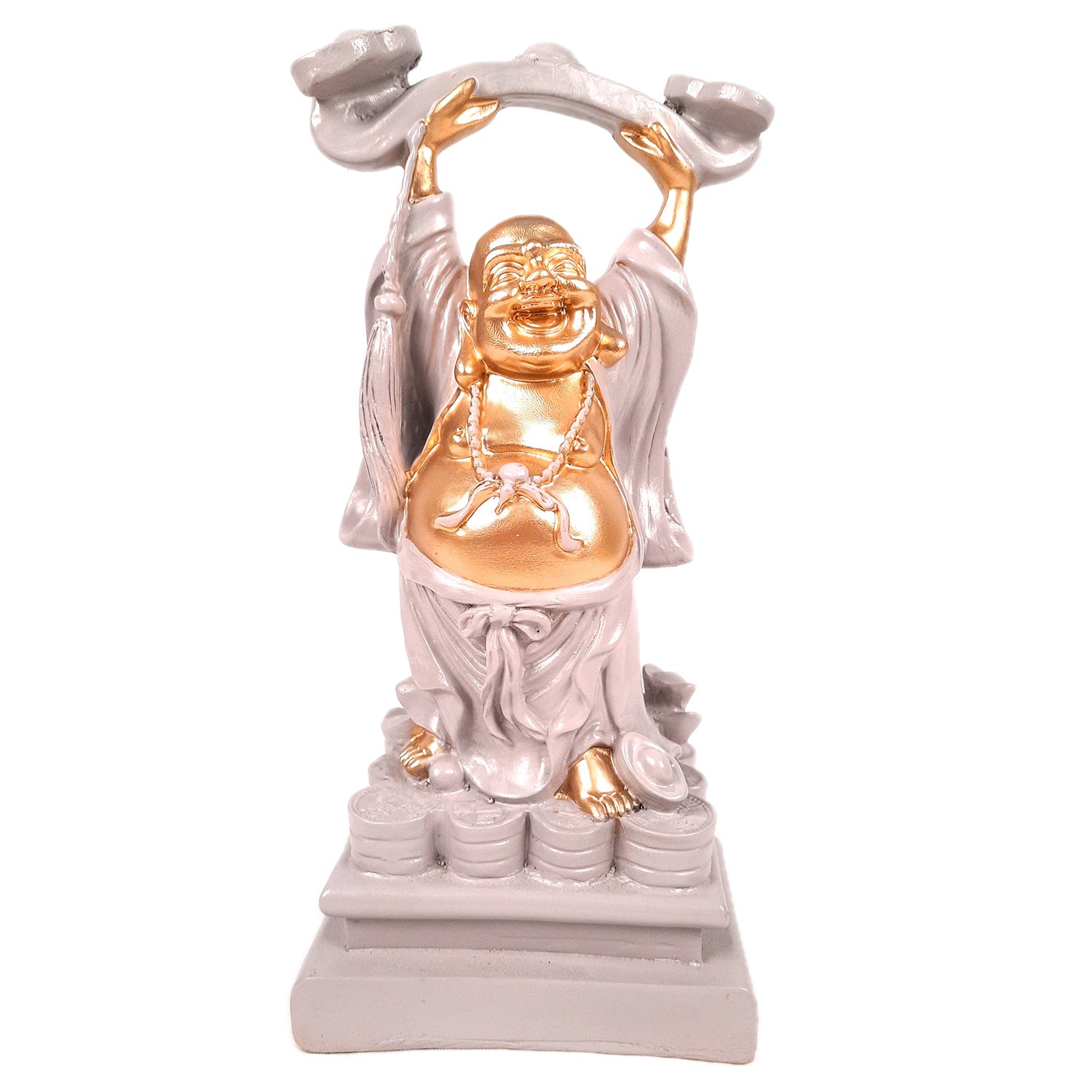 Laughing Buddha Showpiece - Standing On Coins Design - for Home & Table Decor, Health, Wealth & Gift - 9 Inch - apkamart #Style_Design 1