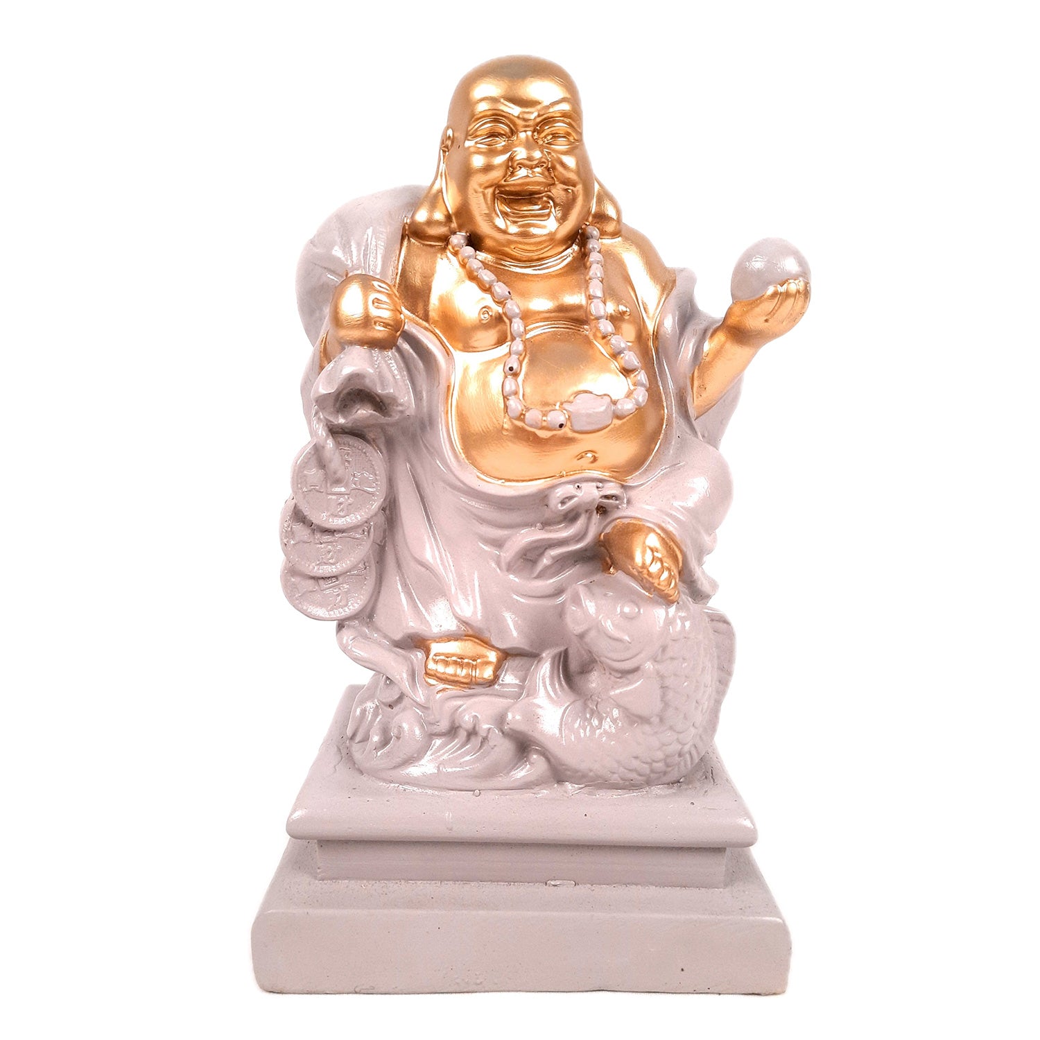 Laughing Buddha Showpiece - Standing On Coins Design - for Home & Table Decor, Health, Wealth & Gift - 9 Inch - apkamart #Style_Design 2