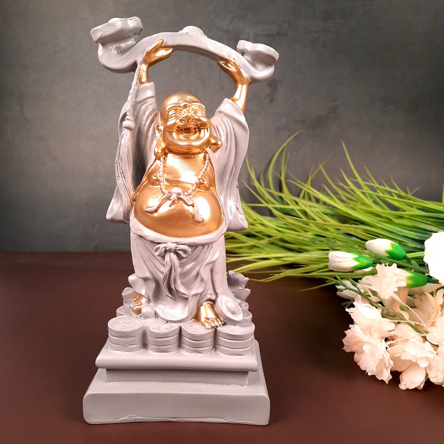 Laughing Buddha Showpiece - Standing On Coins Design - for Home & Table Decor, Health, Wealth & Gift - 9 Inch - apkamart #Style_Design 1