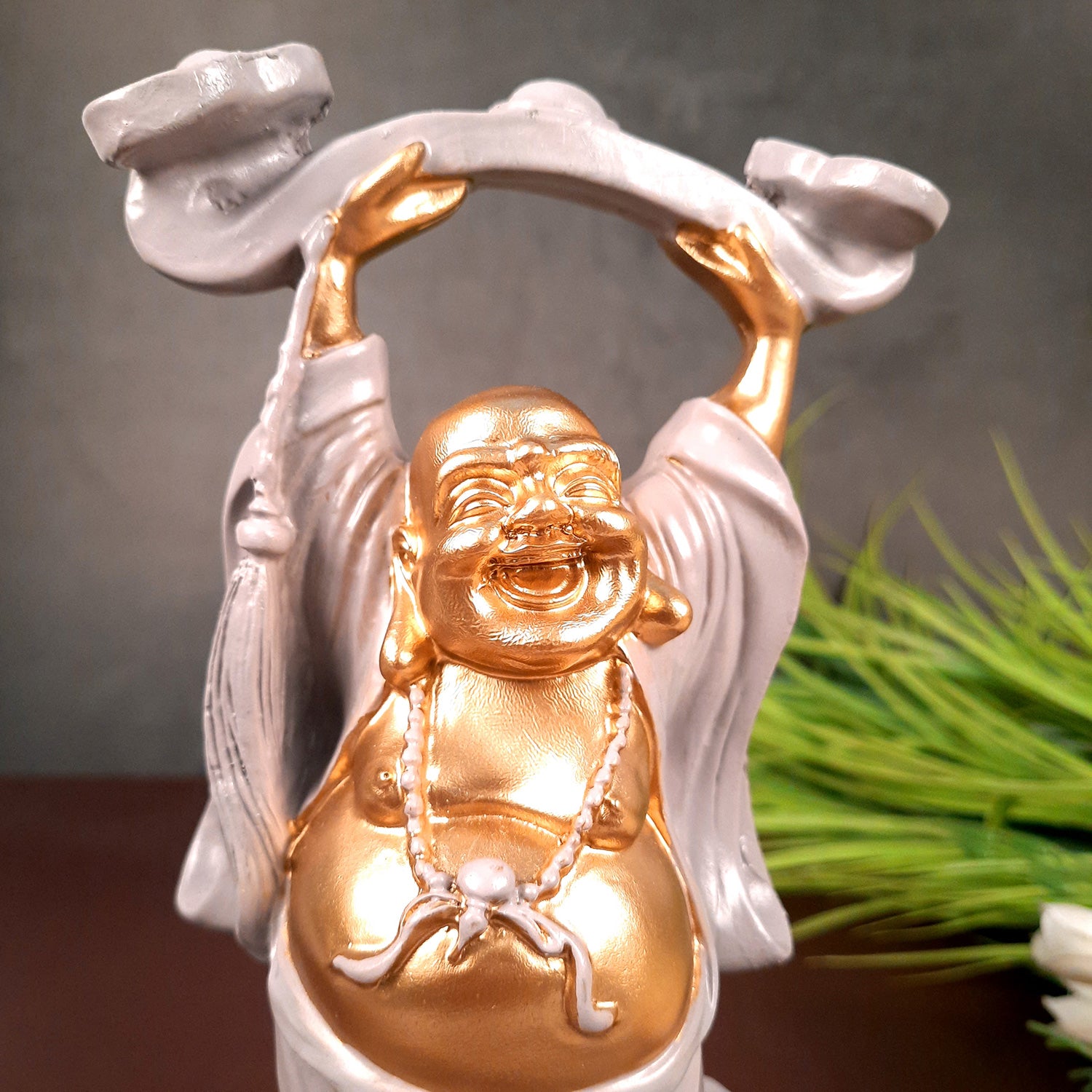 Laughing Buddha Showpiece - Standing On Coins Design - for Home & Table Decor, Health, Wealth & Gift - 9 Inch - apkamart #Style_Design 1