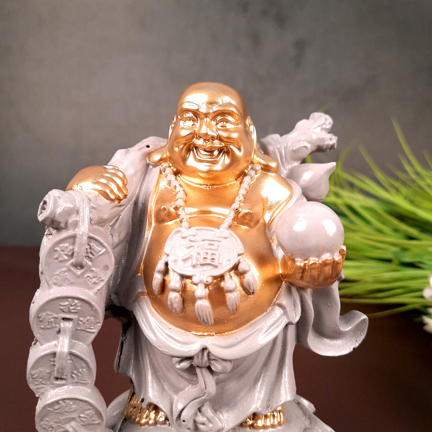 Laughing Buddha Showpiece - Standing On Coins Design - for Home & Table Decor, Health, Wealth & Gift - 9 Inch - apkamart #Style_Design 3