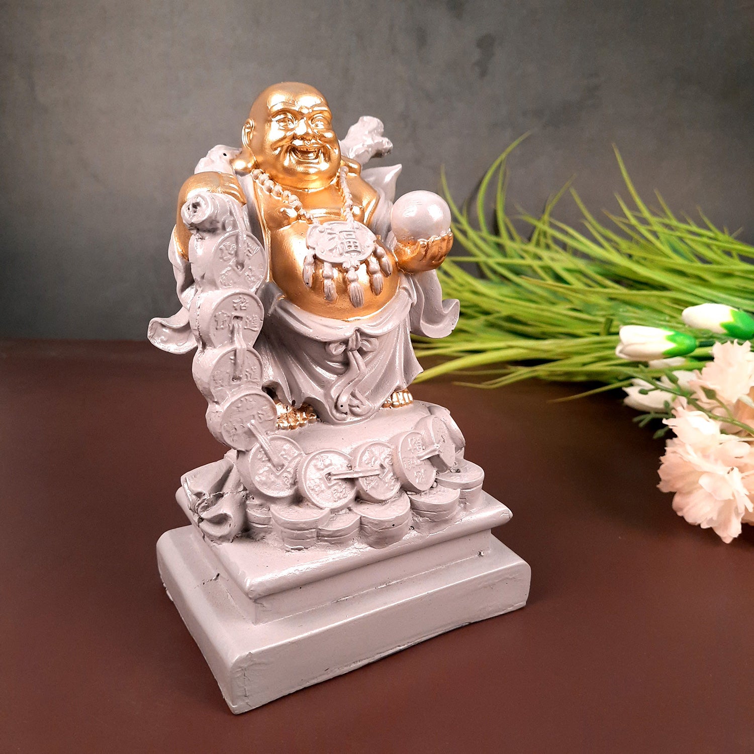 Laughing Buddha Showpiece - Standing On Coins Design - for Home & Table Decor, Health, Wealth & Gift - 9 Inch - apkamart #Style_Design 3