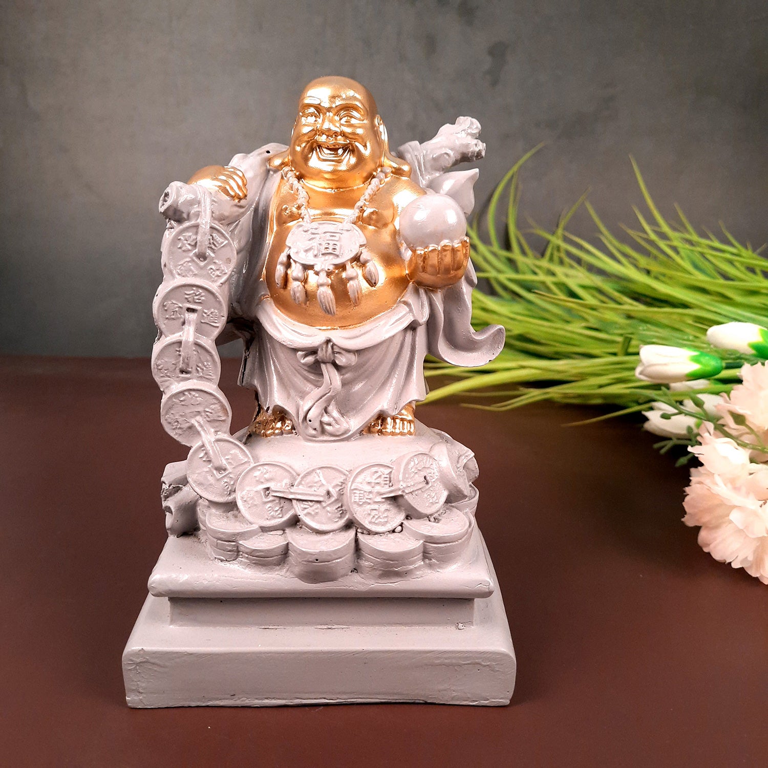 Laughing Buddha Showpiece - Standing On Coins Design - for Home & Table Decor, Health, Wealth & Gift - 9 Inch - apkamart #Style_Design 3