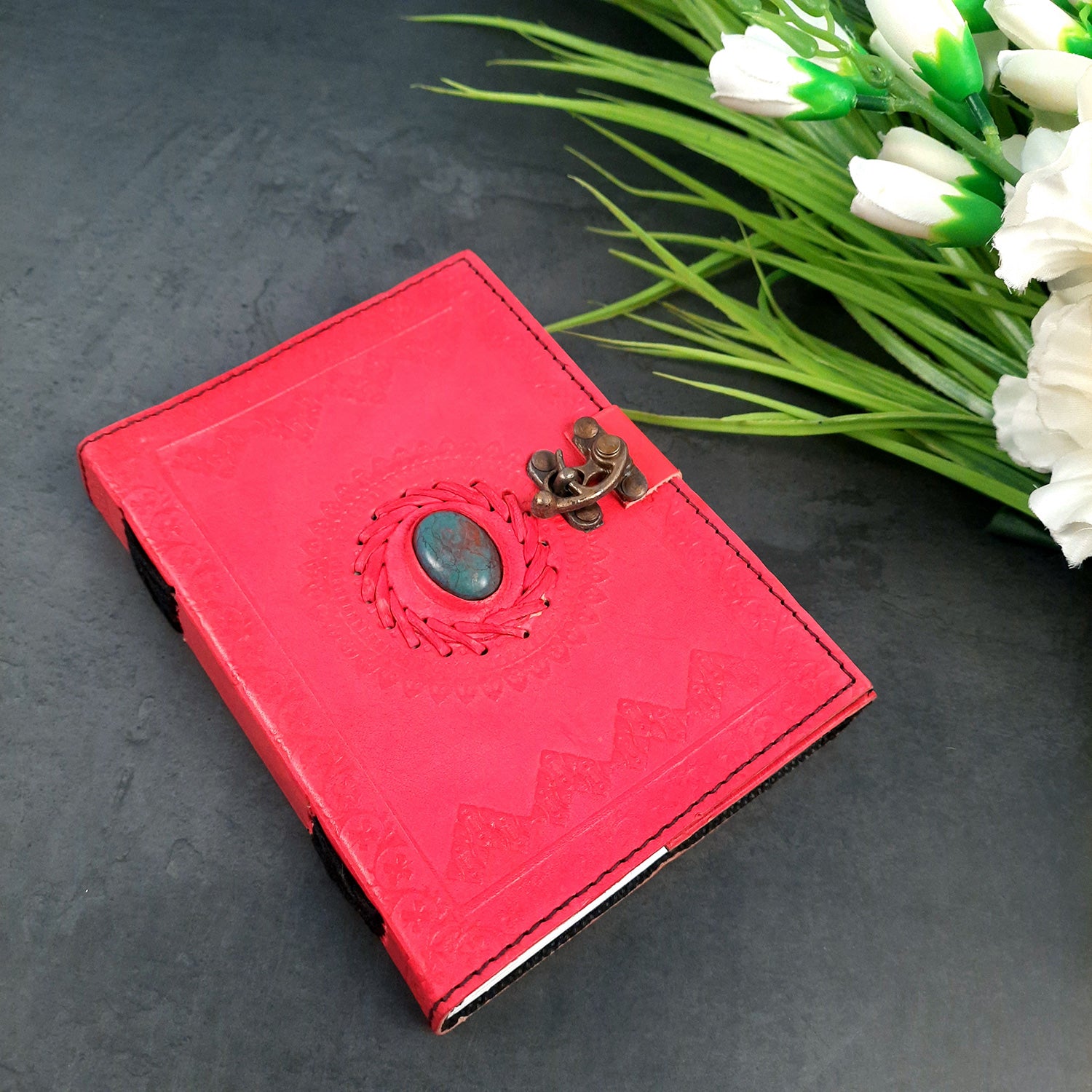 Leather Diary Vintage With Lock | Journal Notebook With Handmade Paper | Personal Traveller's Book, Sketchbook - for Writing, Table, Office, Desk, Study, Corporate Gifts | Gift for Him / Her - apkamart #Color_Red